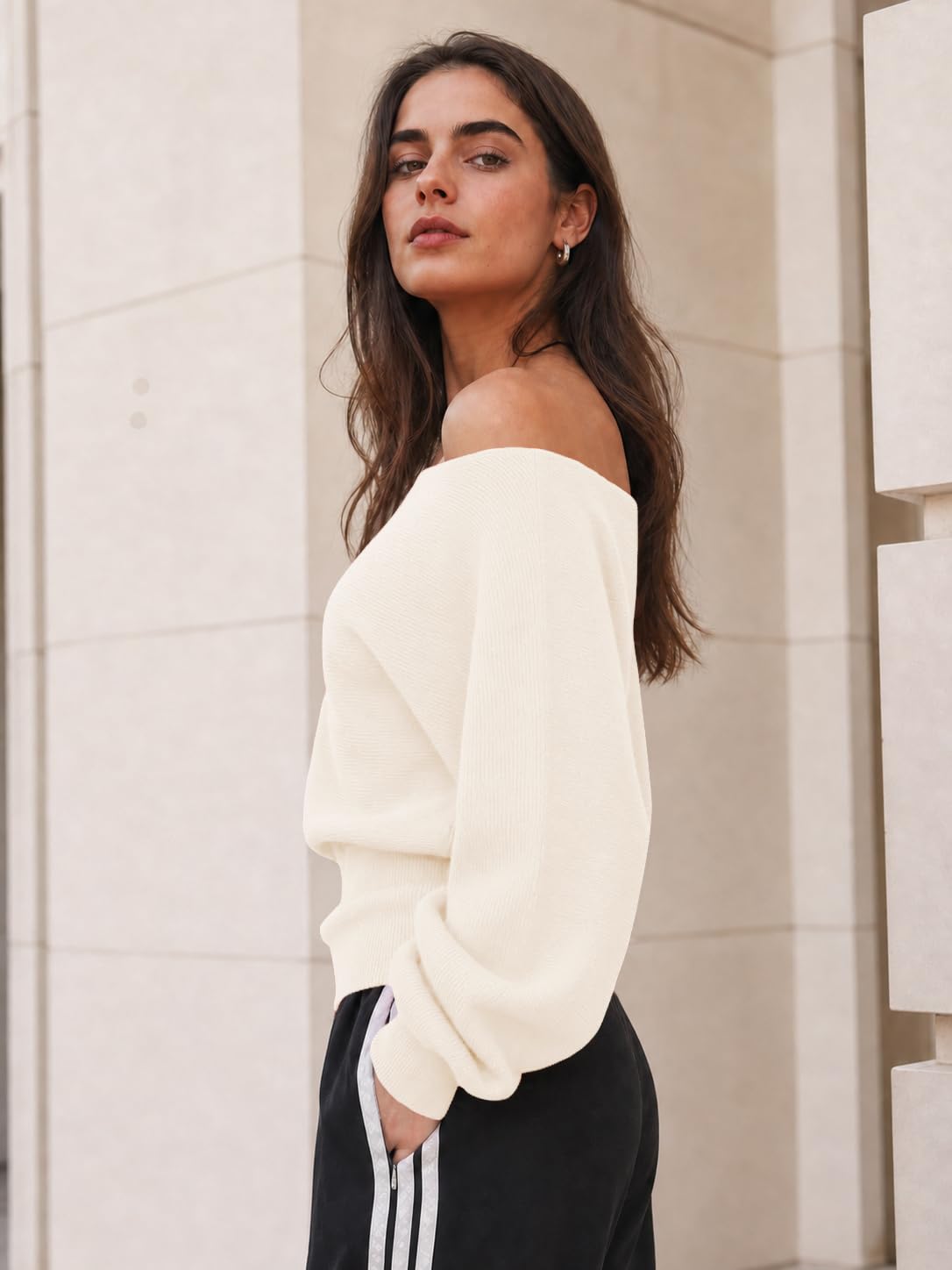 Saodimallsu Damen Pullover Sexy Schulterfrei Langarm Strickpullover