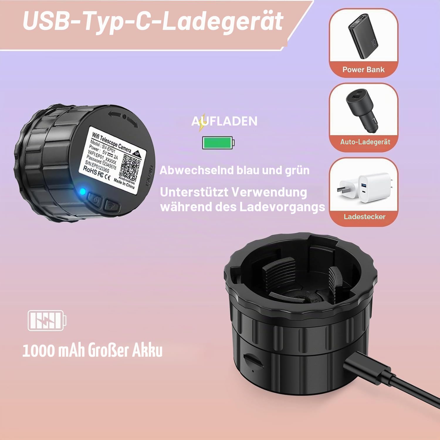 WiFi-Okularkamera,mit 1.5-Zoll-Bildschirm, 2.5K-Video,1920 x 1080 Pixel, geeignet für 24-50 mm optisches Teleskopmikroskop und Monokular-Fernglas, mit 64GB Speicherkarte