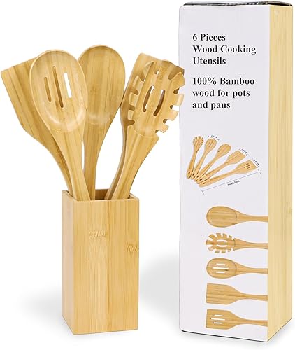 Juego de utensilios de cocina -6 piezas cuchara de madera - Cuchara de cocina de madera - Juego de cubiertos de cocina-Utensilios de madera - Juego