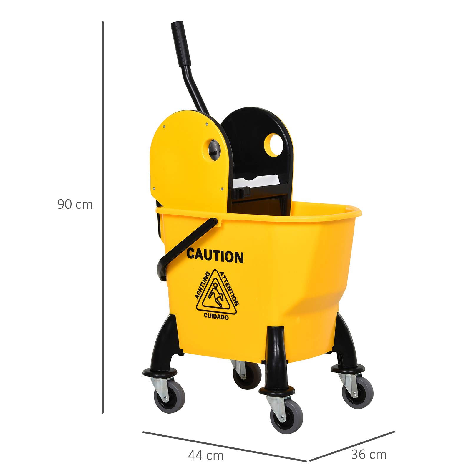 HOMCOM Cubo de fregona de 26 litros y escurridor de Agua con 4 Ruedas, Cuerpo de plástico, Mango de Metal, Soporte para Poste de Limpieza Comercial para el hogar, Carrito de Piso, Color Amarillo
