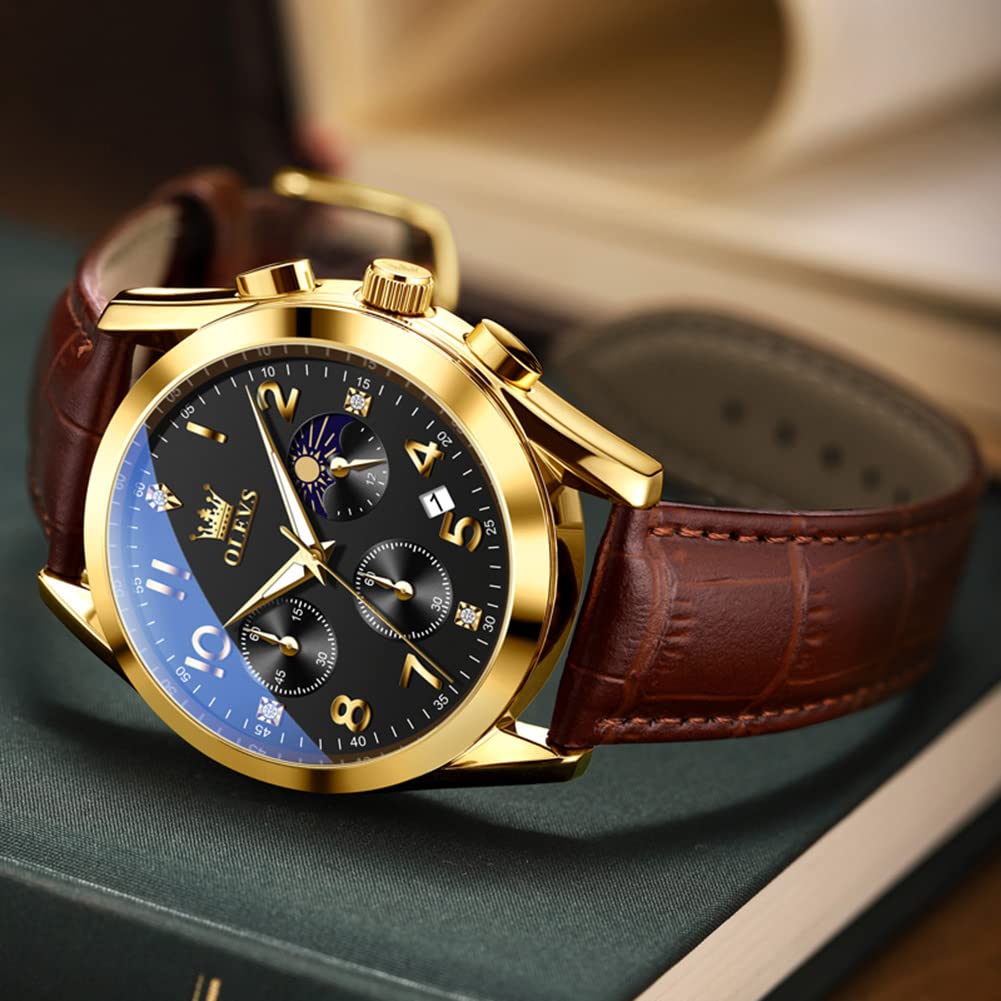 OLEVS Lederuhren für Herren, großes Zifferblatt, wasserdicht, klassische Uhren für Herren, lässige, runde Uhr mit Datum, leuchtend, leicht ablesbar, blau-schwarz-weißes Zifferblatt