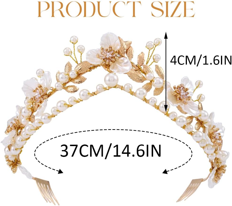 Gortin Flower Crown Bride Wedding Headband Gold Leaf Bridal Princess Headpiece Pearl Tiara Hair Accessories for Women - Image 3