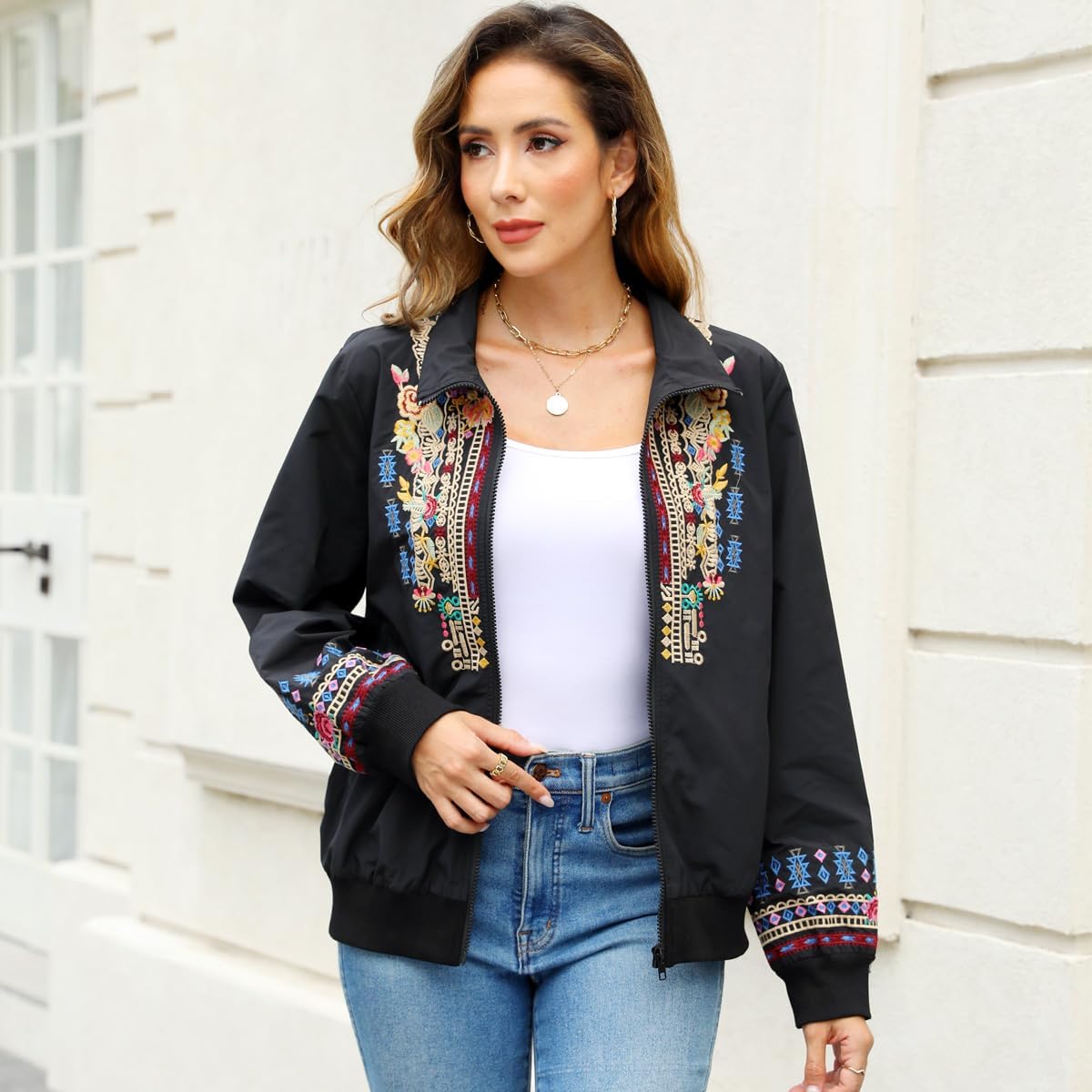 AK Women's Embroidered Jackets Stand Collar Zip up Long Sleeve Casual Jacket with Pockets Running Sweatshirts Outwear Tops - Image 2