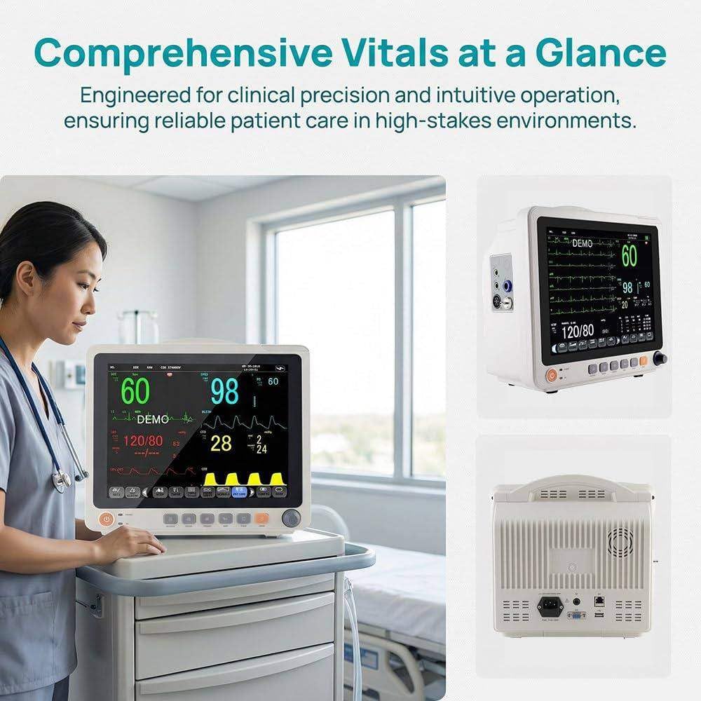 Wieloparametrowy Monitor Pacjenta, Elektrokardiograf, Monitor Ekg Z 12-Calowym Ekranem Dotykowym, 3 Tryby Pracy,Ekg, Parametry życiowe, Oddychanie, Tlen We Krwi, Monitorowanie Ciśnienia Krwi