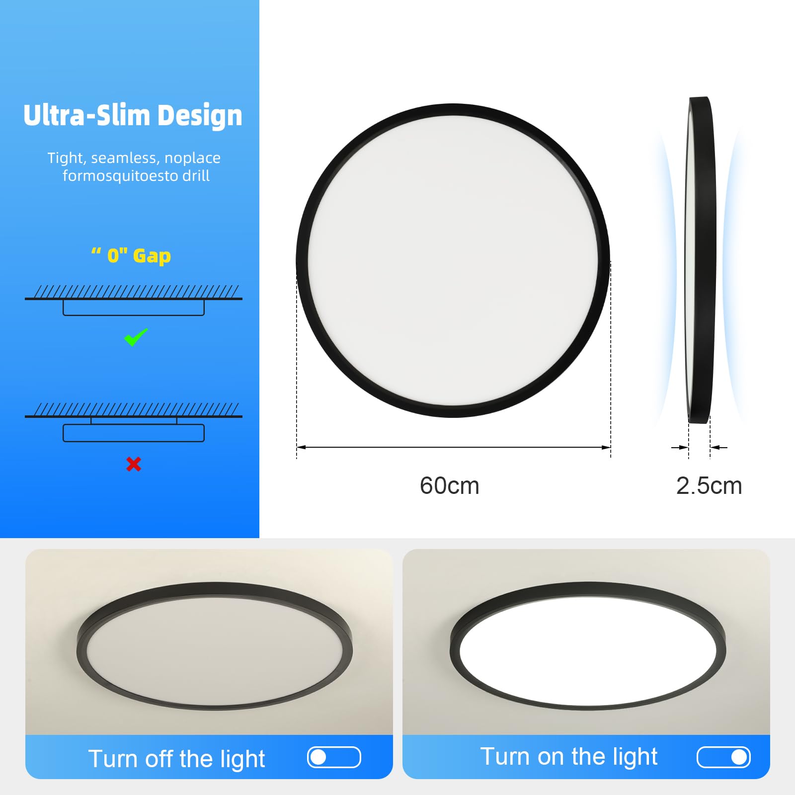 OTREN Lampa sufitowa LED do ściemniania 56 W, 5600 lm, z pilotem, trybem nocnym i funkcją pamięci, czarna 3000 K - 6500 K, wodoodporna IP44, do salonu, biura, kuchni i sypialni, 60 cm