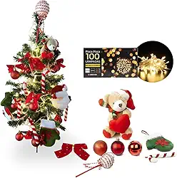 Árvore de Natal Decorada 60cm com Ursinho Bolas Papai Noel Laço Bengalas Luvas e Luzes Pisca Pisca com duas opções de voltagem – Premiun e Beleza Incomparável (110 Volts)