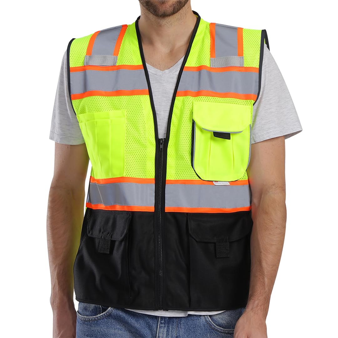 Dib Safety Chaleco de malla reflectante con bolsillos y cremallera, fabricado con cinta reflectante 3M, amarillo y negro