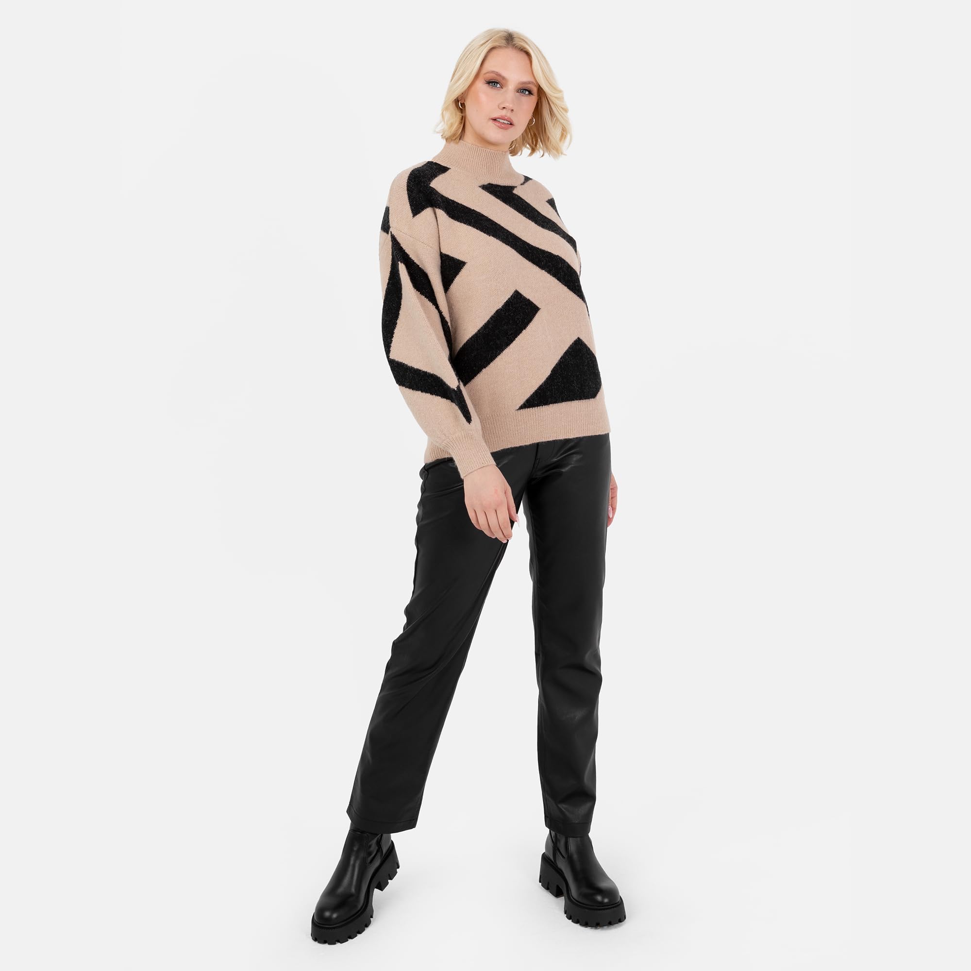 Lovedrobe Women's Jumper Ladies High Neck Long Balloon Sleeve Sweater Geometric Jacquard Button Detail Casual Knitwear Pullover