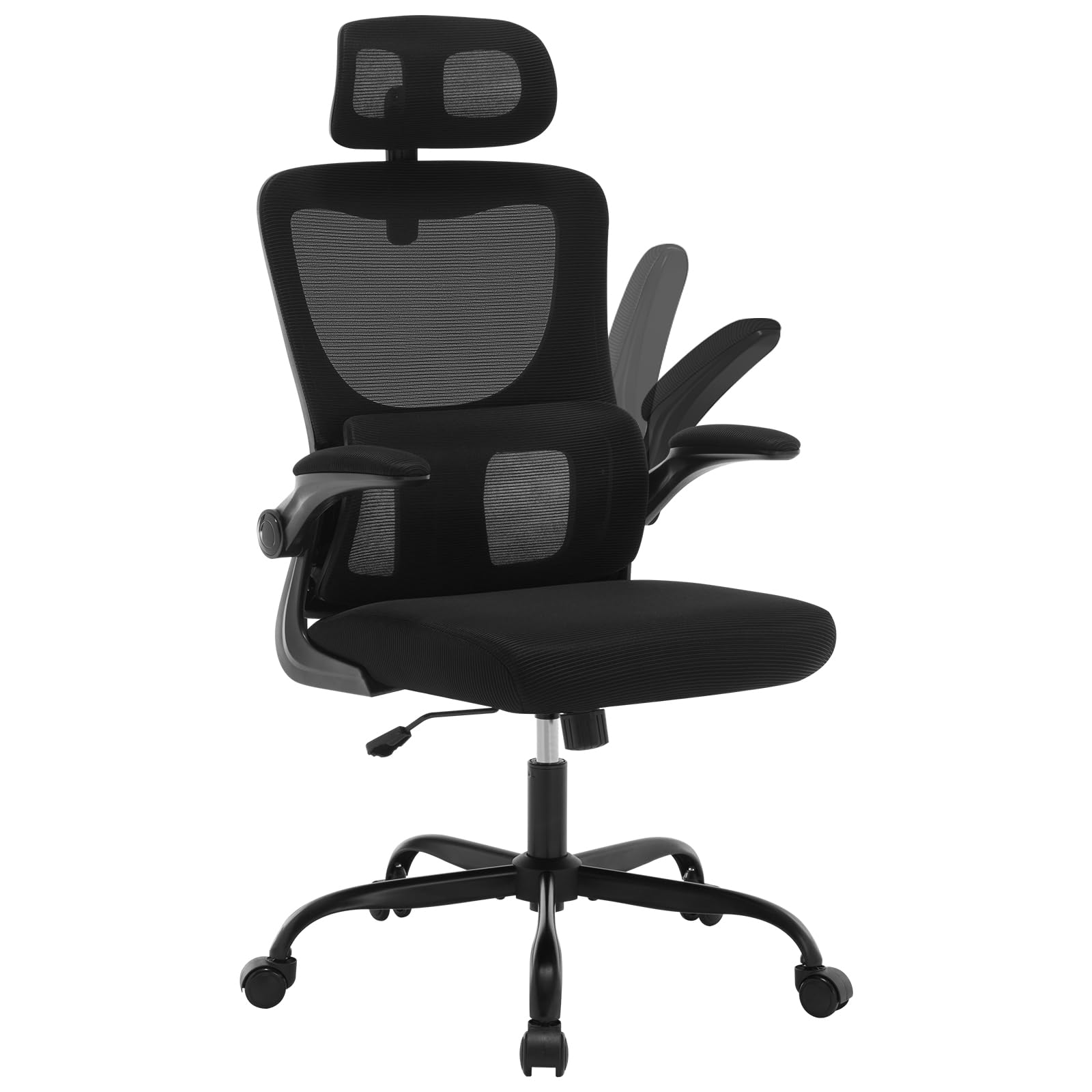 WOLTU Silla Oficina Ergonómica, Sillas Escritorio con Reposabrazos, Reposcabezas y Soporte Lumbar, Respaldo Inclinable de Tela Malla, Negro