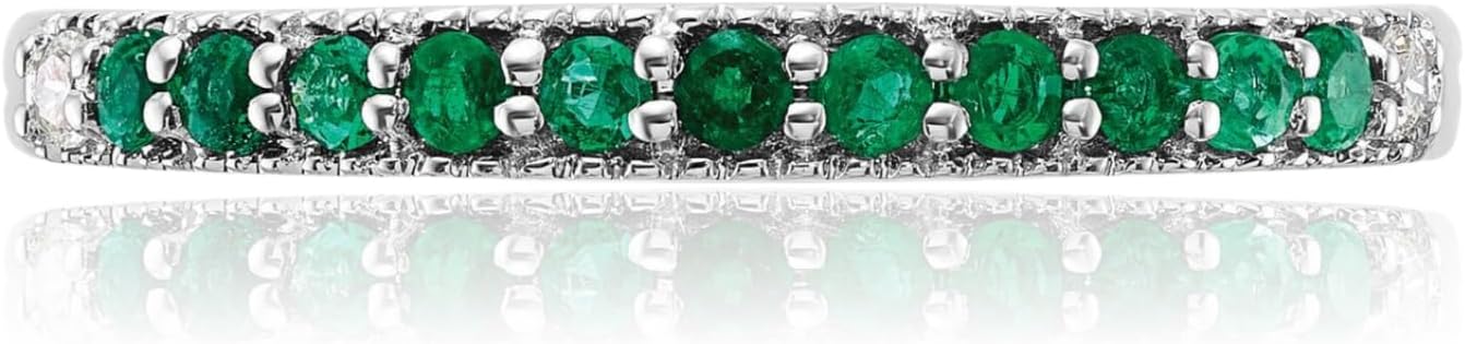 IceCarats 14K Solid White Gold 0.25 carat Green Emerald Diamond Accent Stackable Eternity Anniversary Ring 2.1mm Slim Band Round Cut, Natural, Prong Set