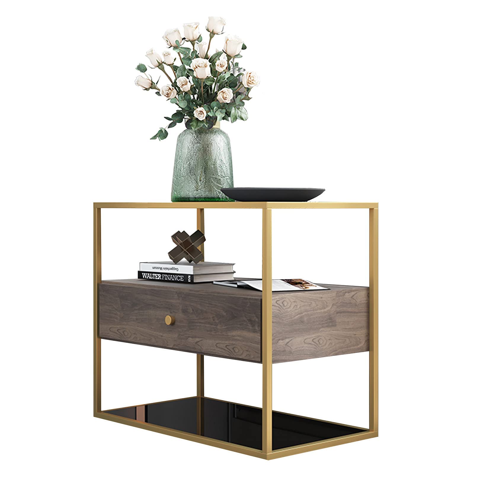 Table basse ronde de salon style milieu du siècle avec 3 étagères et tiroir de rangement