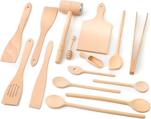 Miniatura 2 de Tuuli Juego de utensilios de cocina de 15 piezas, cucharas de madera de haya maciza especialmente diseñadas, espátula de madera, ablandador y