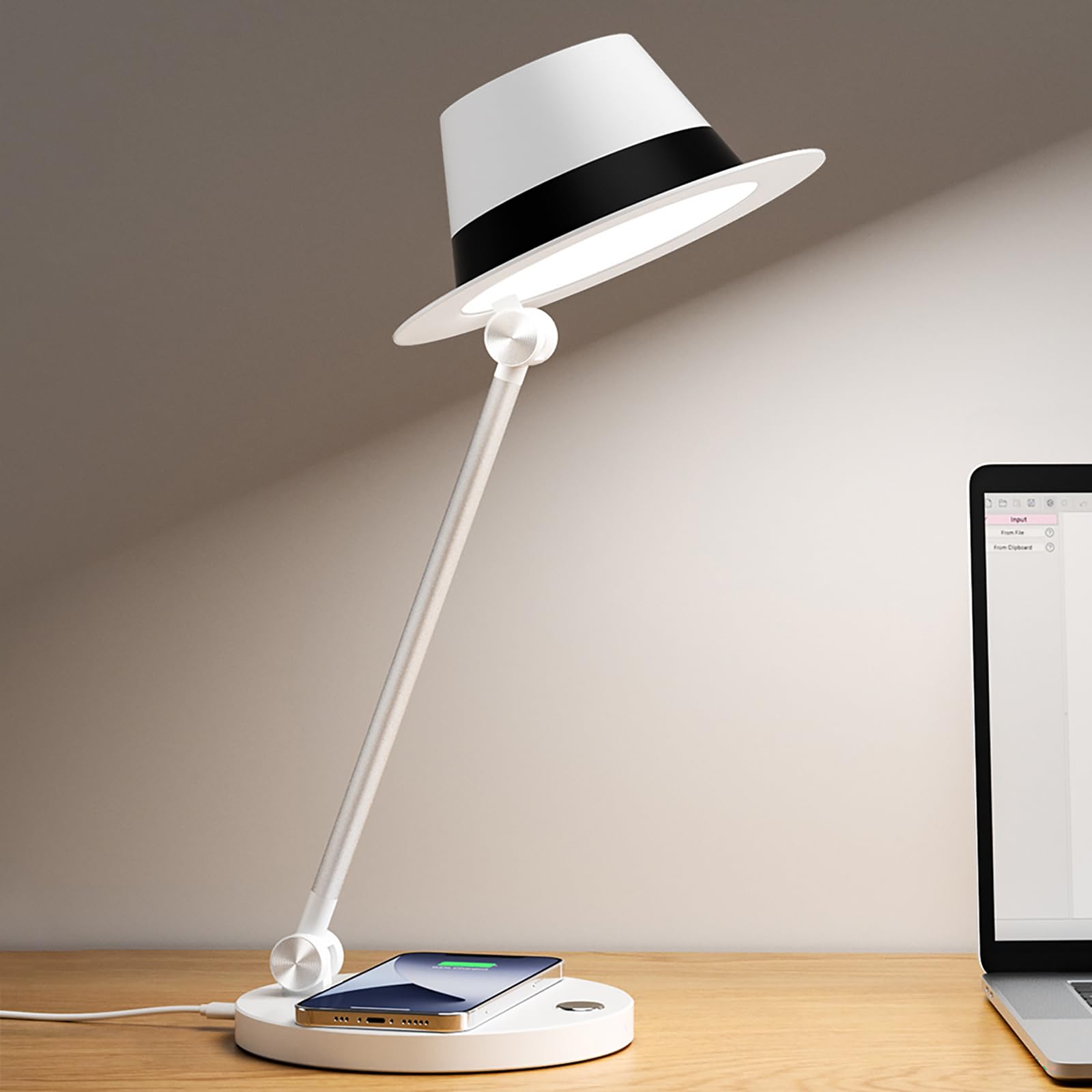 LED Desk Lamp,Eye-Caring Foldable Desk Light with and Wireless Charging and USB Charging Port,Dimmable Light Jazz Cap Table Lamp with 3 Color Modes and Stepless Dimming for Home Office Bedroom