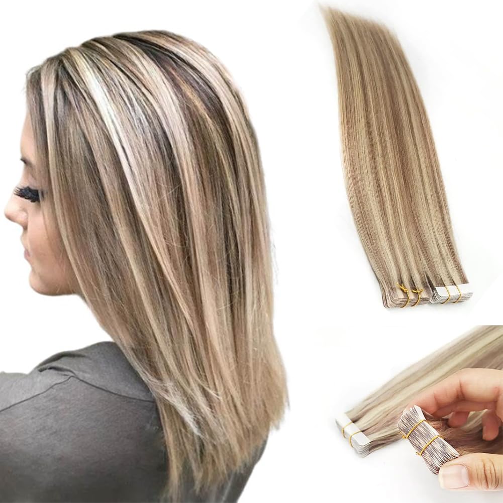 Nastro Nelle Estensioni Dei Capelli P6-613 Castano Misto Biondo Dritto Pu Estensione Dei Capelli Umani 20 pezzi 50g/confezione 14 Pollici(36 cm)