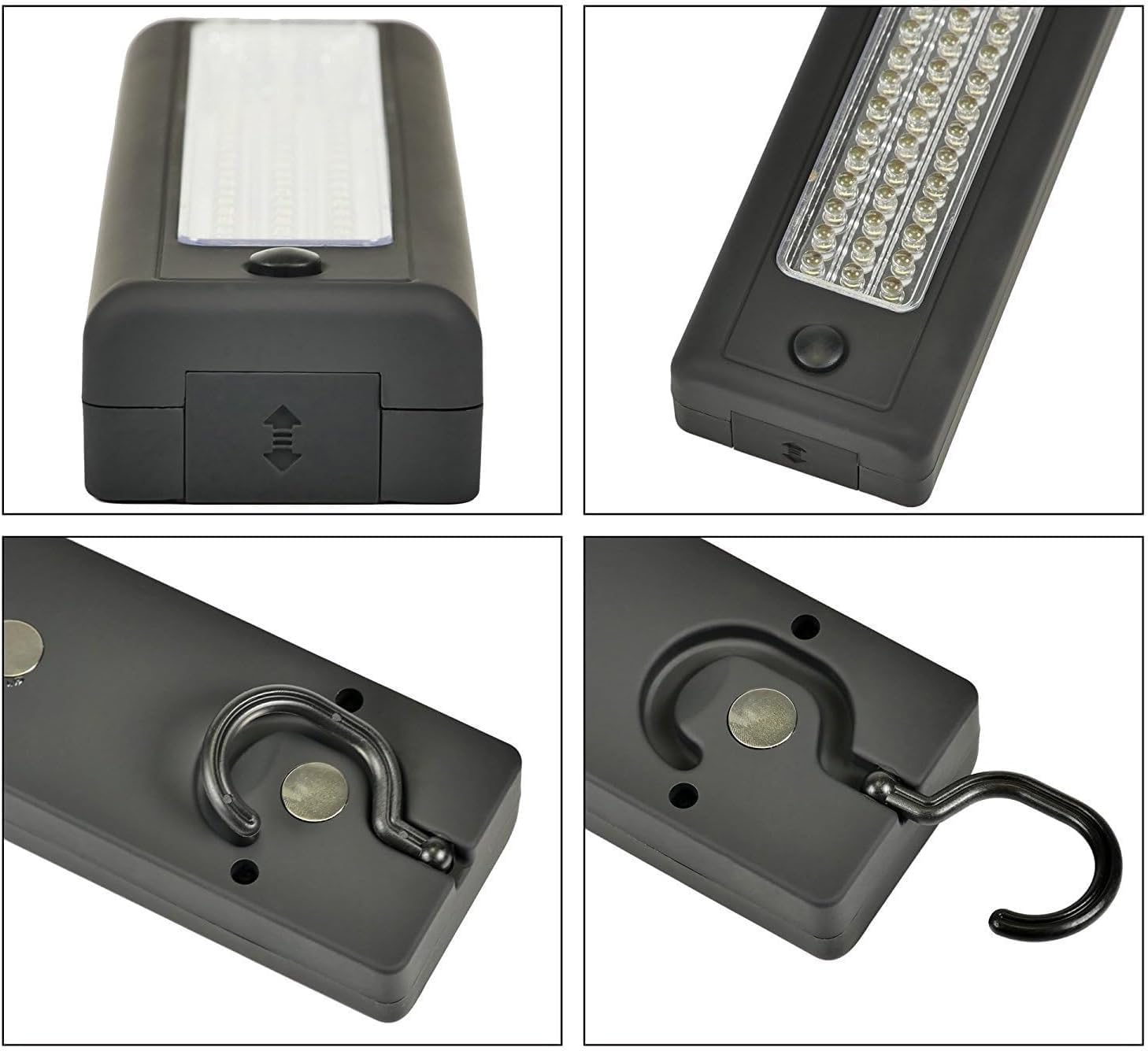 Luce magnetica con gancio sospeso, 72 LED ultra luminosa luce di lavoro lampade di ispezione portatili torce per il campeggio, la casa, soffitta, fai da te, laboratorio, pesca (nero, 4 confezione)