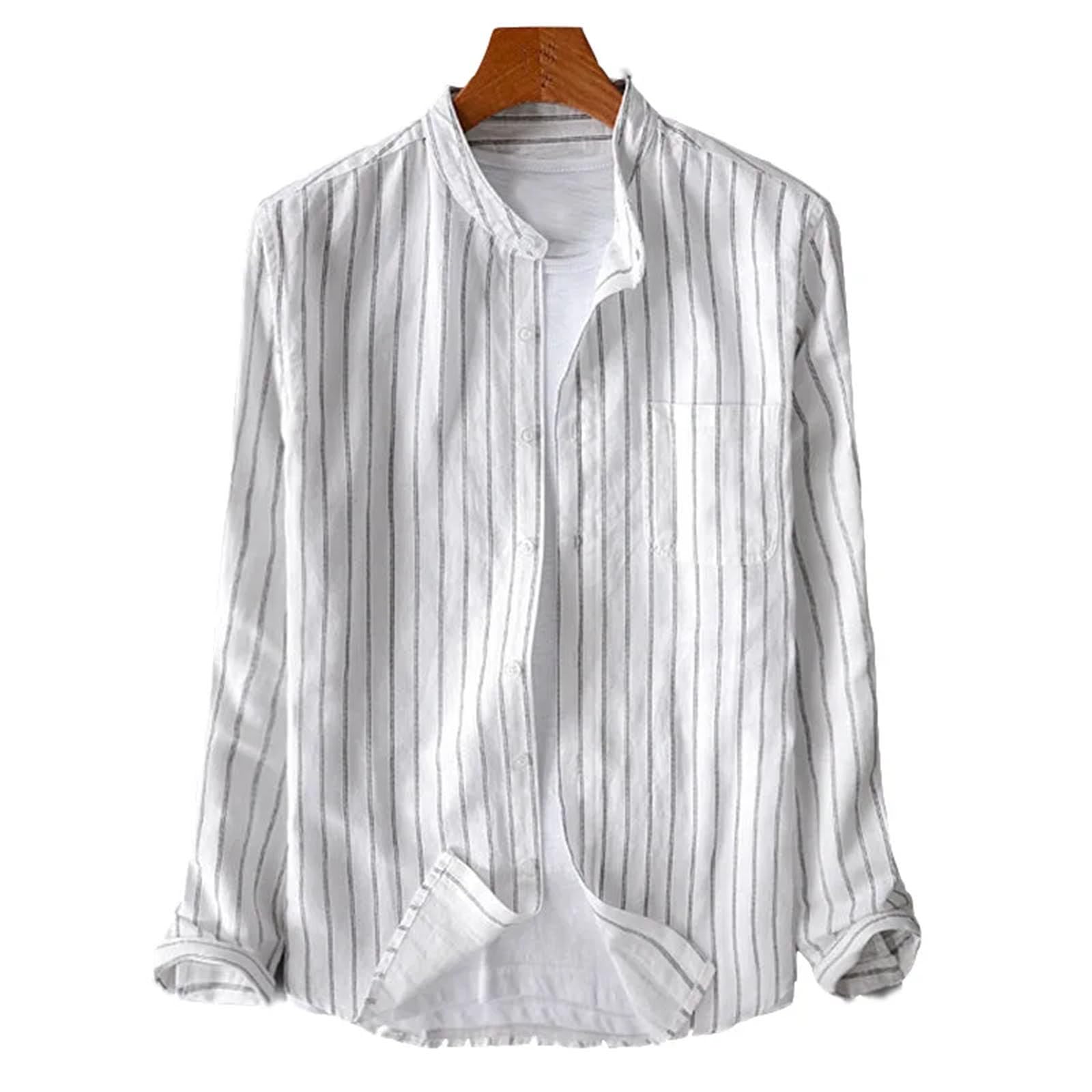Camicie da uomo in cotone e lino streetwear casual a maniche lunghe con bottoni a righe