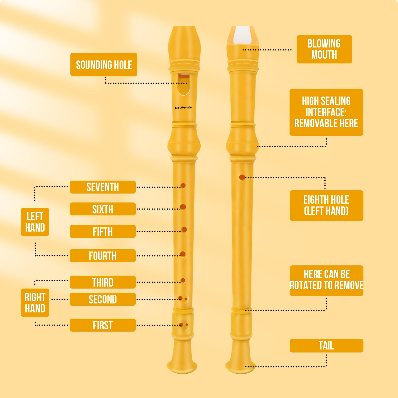 Soulmate Recorder Instrument for Kids Toddler Beginners Students German Style C Key Soprano Recorder Instrument 8 Holes 3 Piece ABS Descant Recorders with Cleaning Kit, Packing Bag (Yellow)