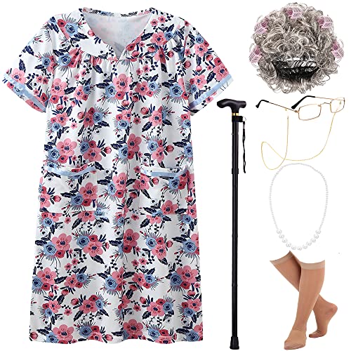 EBYTOP 100 Days of School Costume for Kids Halloween Old Lady Costume for Little Girls Granny Grandma Cane Glasses Accessories,10-12 Years
