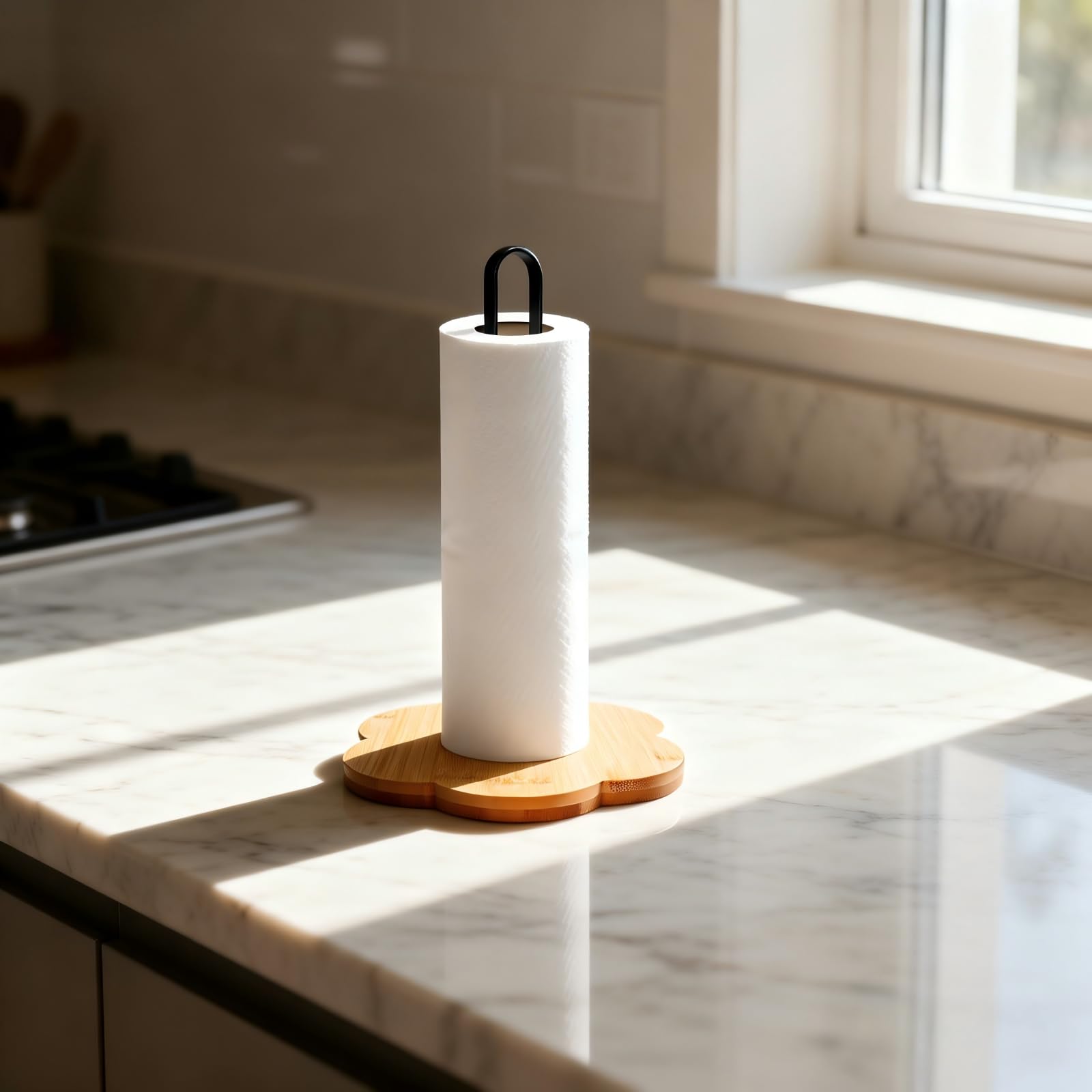 Iron Kitchen Roll Holder, Standing Paper Towel Holder with Bamboo Wood Base, for Kitchen Under Cabinet, Modern Space Saving Kitchen Organizer