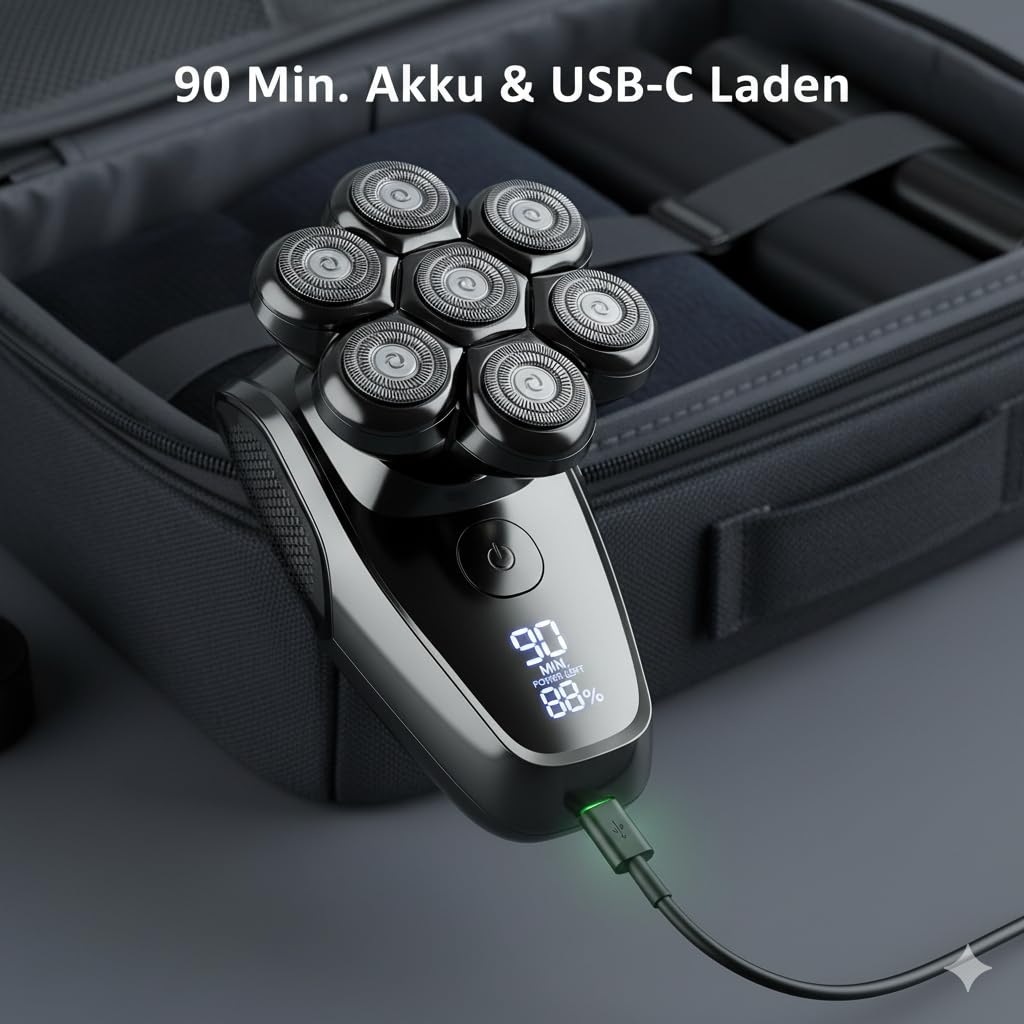 Glatzen Rasierer Herren 7D – Nass & Trocken Kopfrasierer mit 100% wasserdichtem Gehäuse, sanfte Rotationstechnologie, ergonomischer Griff, integrierte Haarkammer, einfache Magnet-Reinigung