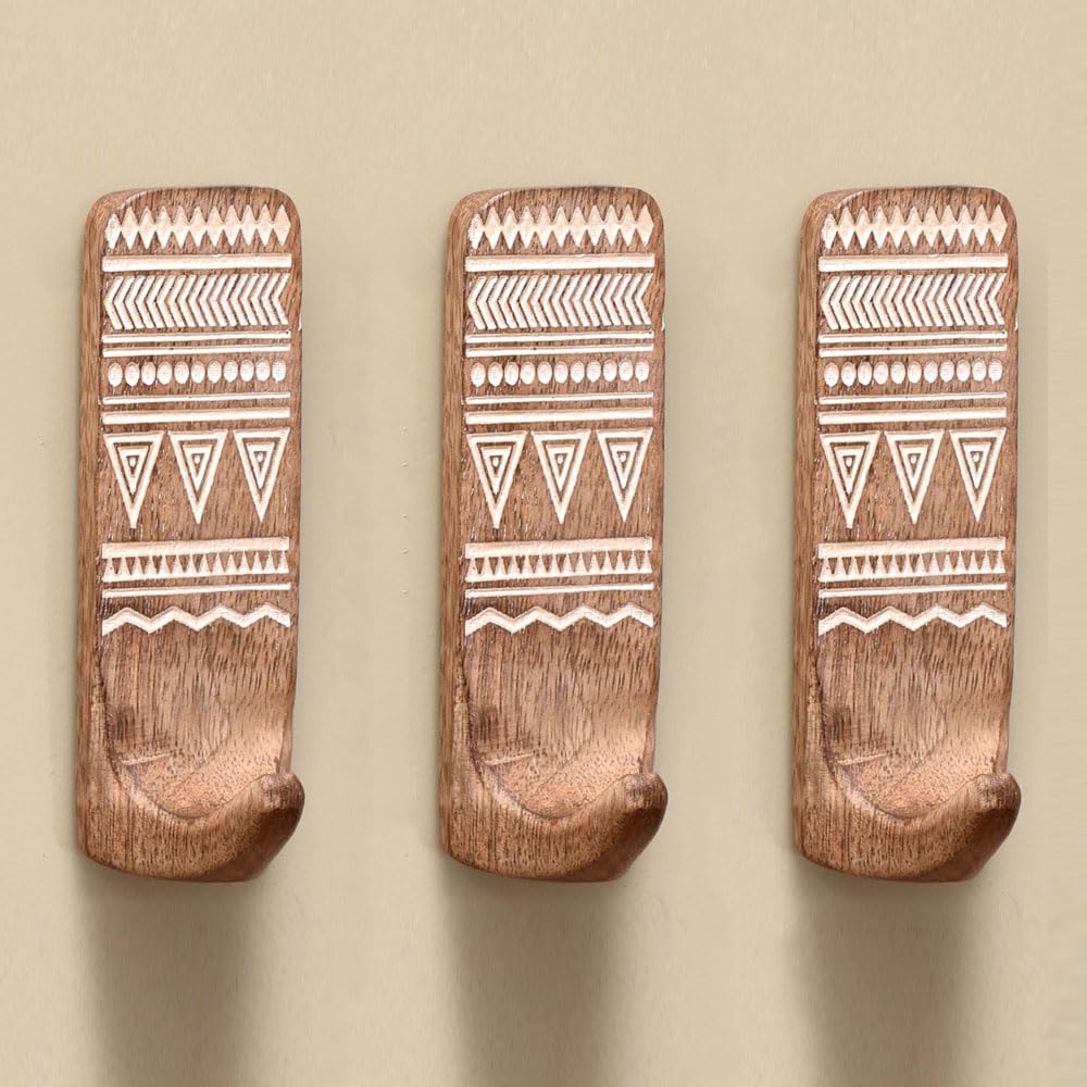 Indian Shelf 3 Pack Wood Wall Hooks- Adhesive Wall Hooks -Boho Key Decorative Wall Hooks for Hanging- Wood Hangers -Sticky Coat Hooks Wall Mount- Wooden Towel Hooks for Bathroom Wall Mounted- Style 5