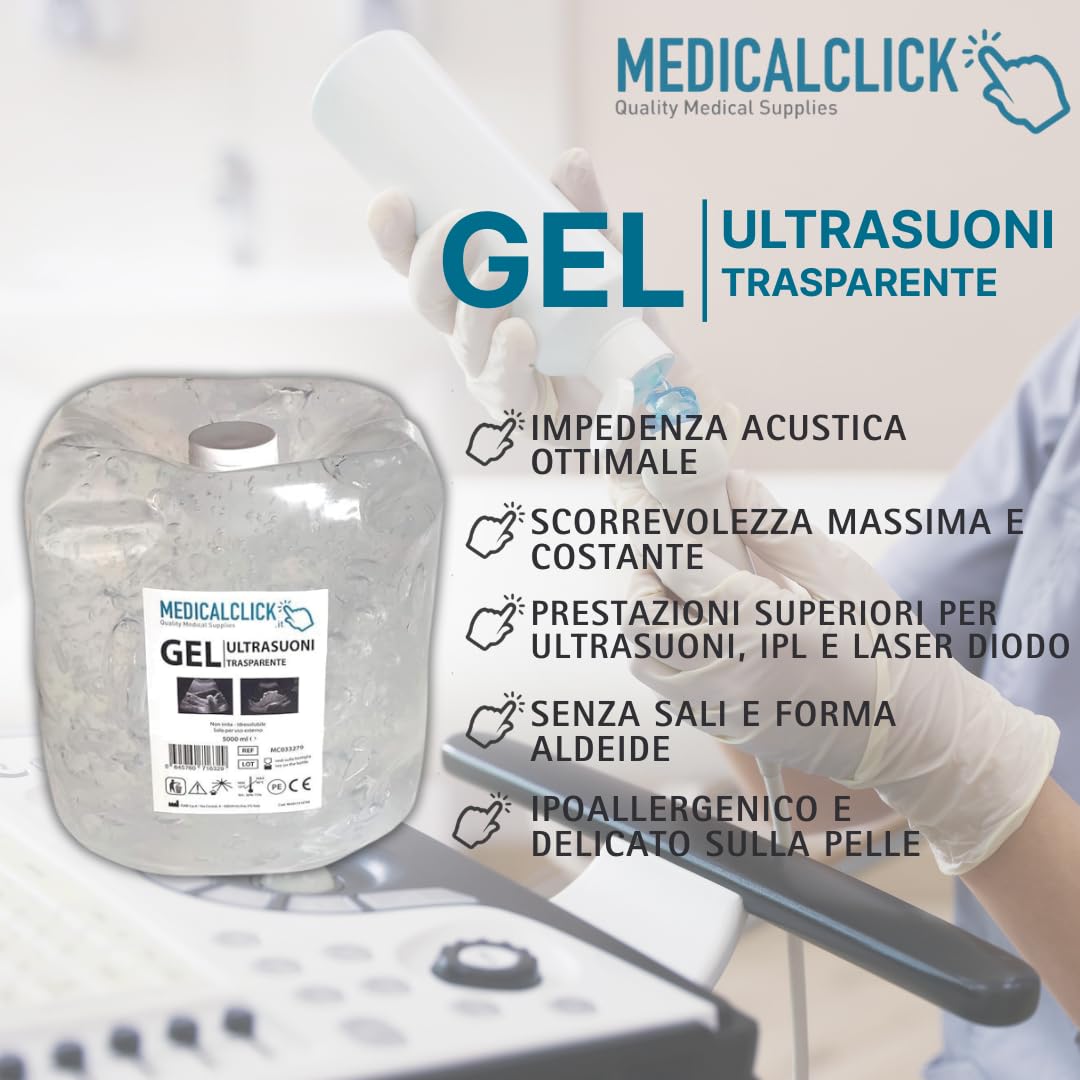 Gel Ultrasuoni, Gel conduttore, Gel Conduttivo Trasparente per Ultrasuoni, Luce Pulsata (IPL), Elettrostimolazione, Laser Diodo, Infrarossi ed Ecografia(Trasparente - 5L)