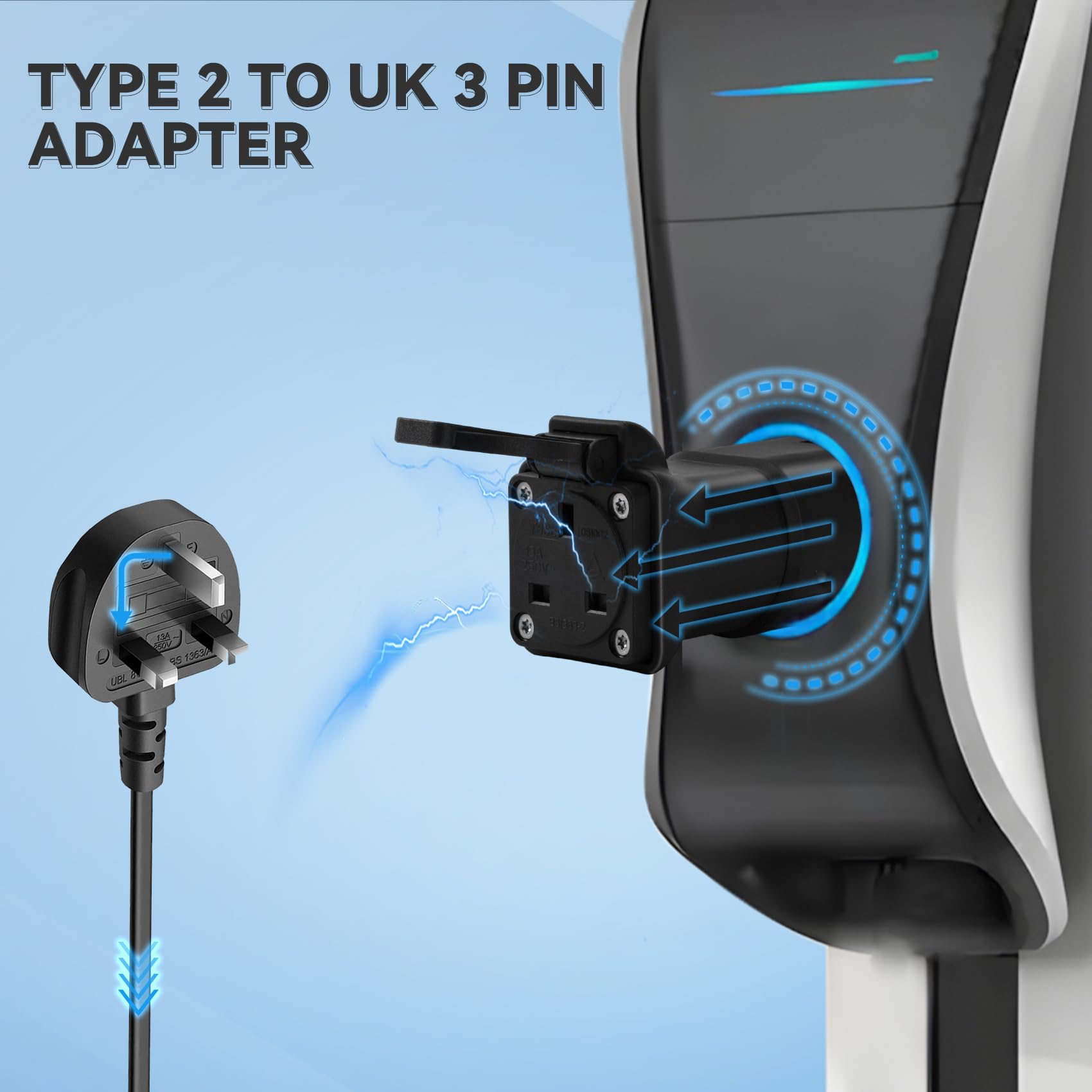 JULIK Type 2 to UK 3 Pin Adapter 13A, IEC 62196-2 EV Charging Station to BS1363 Socket Converter, 3kW AC for Electric Cars, Motorcycles and E-Bikes — view 3
