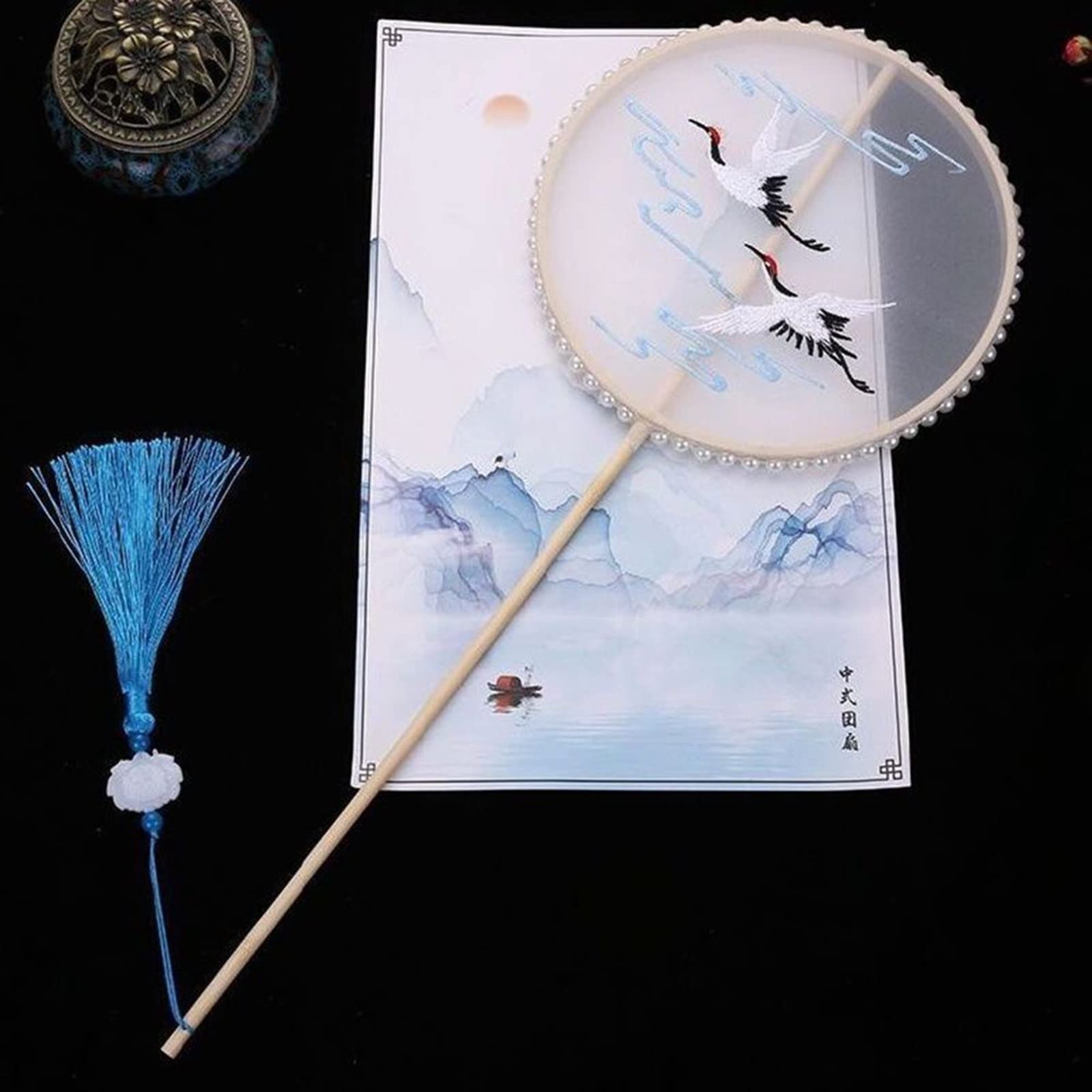LKLNKVL folding fan, Folding Hand Fan - Chinese Style Embroidery Decoration Fans with Ancient Long Handle Tassel Clothing Cheongsam Dance Decorative(6)