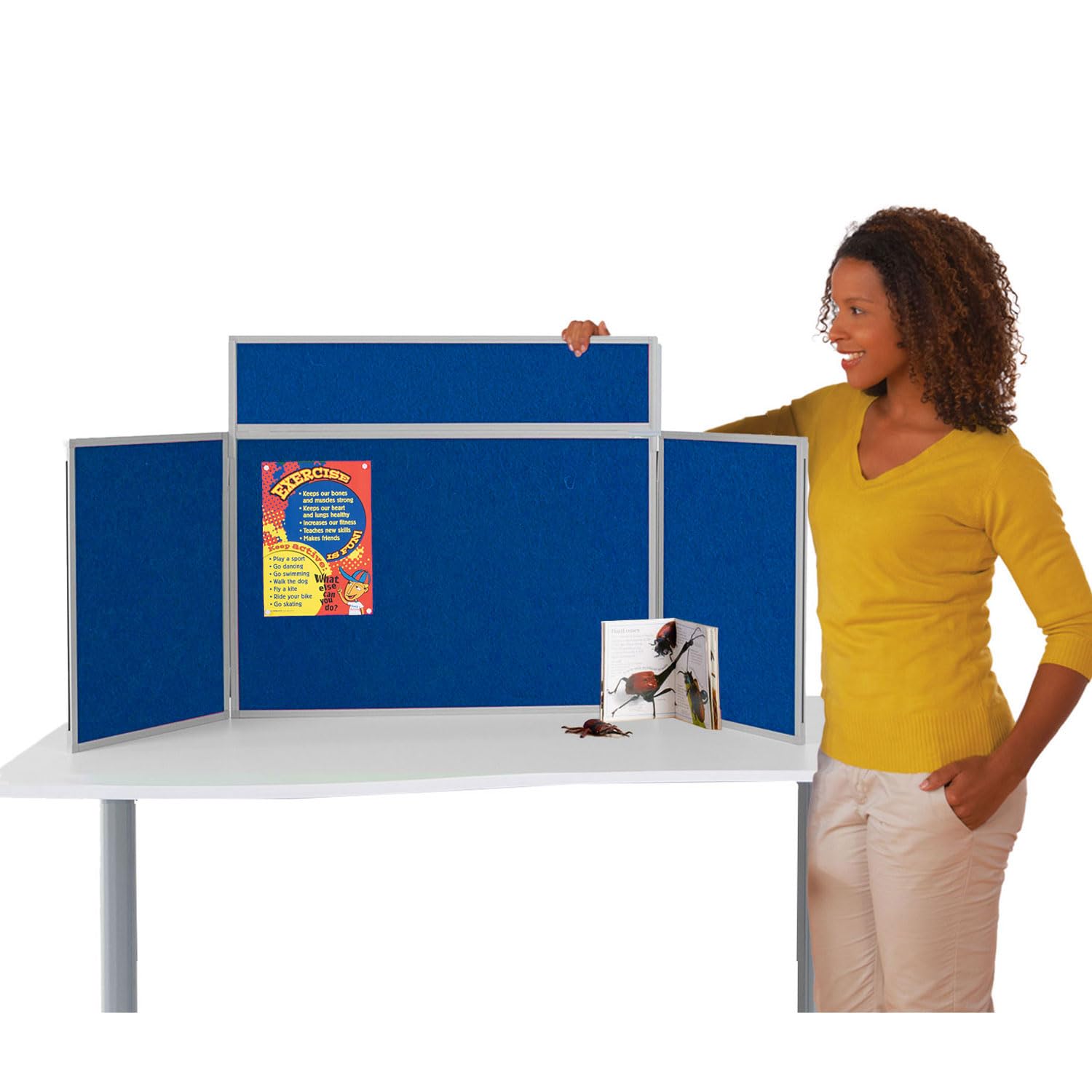Wonderwall Tabletop Exhibition Folding 3 Panel Display Kit, Landscape, Lightweight, Blue Pinboard, Grey PVC Frame, Clip-on Header & Storage Bag, for Office, School, Exhibition, Info Hubs — image 1