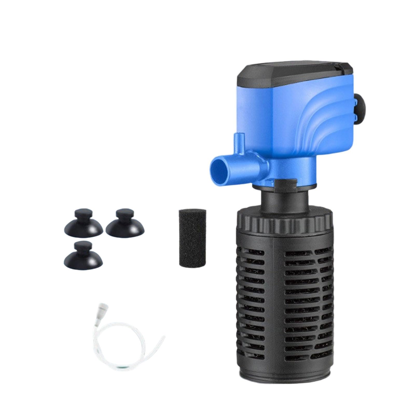 Submersible aquarium filter with triple action filtration for low energy consumption and low power consumption aquarium pump