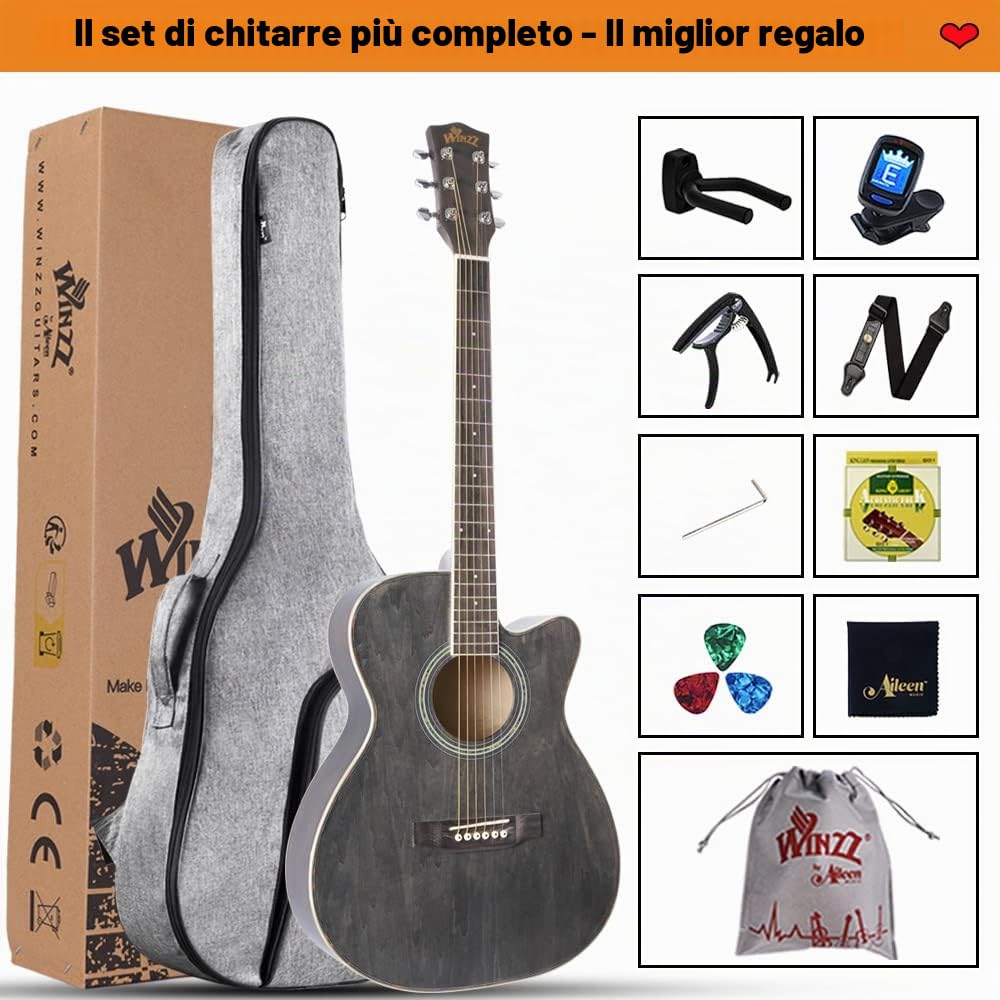 Winzz Chitarra Folk per Bambini 36 Pollici, Dimensione 3/4 Chitarra Acustica Nero-grigio Kit per Principianti