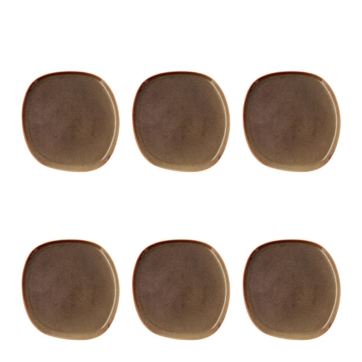 Bidasoa Set de 6 platos llanos Ikonic de gres 26,5 x 25,7 x 1,5 cm | Marrón, Gres, formato redondo, acabado brillo, 26,5 x 25,7 x 1,5 cm, 6 piezas, apto para microondas, apto para frigorífico