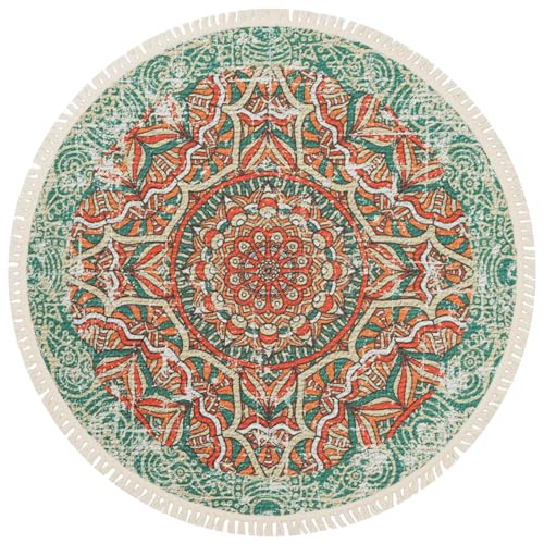 Terafeels Alfombra redonda de diámetro con diseño de mandala, color verde azulado y naranja, no desprende pelusa, fácil cuidado, ideal para zonas de alto tránsito en sala de estar, dormitorio, cocina,