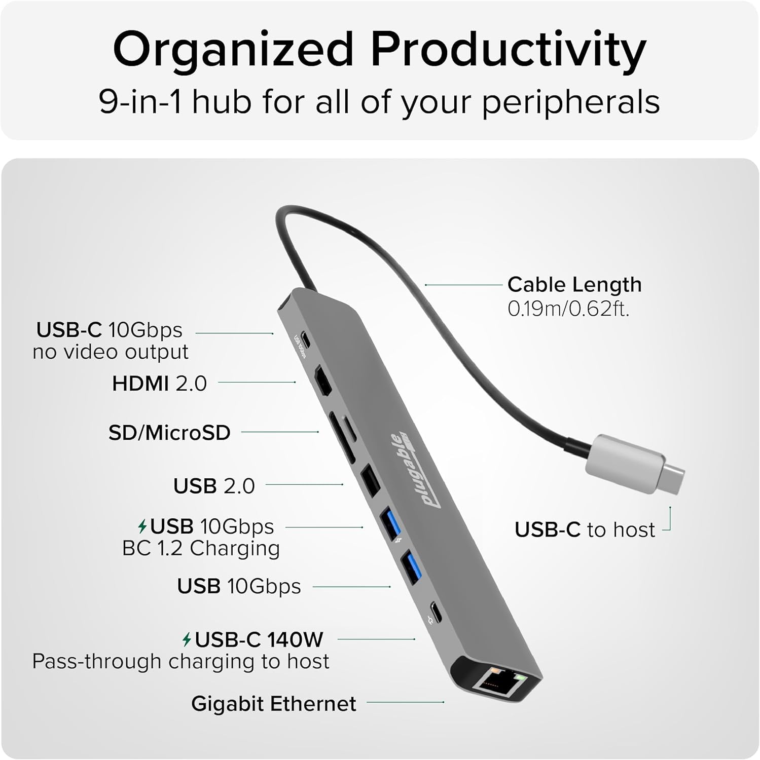 Adaptador multipuerto USB C: 9 en 1 con carga PD de 140 W, HDMI 4K 60 Hz, transferencia de datos de 10 Gbps, Gigabit Ethernet, SD para USBC, USB4, Thunderbolt MacBook, Windows, Chromebook (USBC-9IN1E)