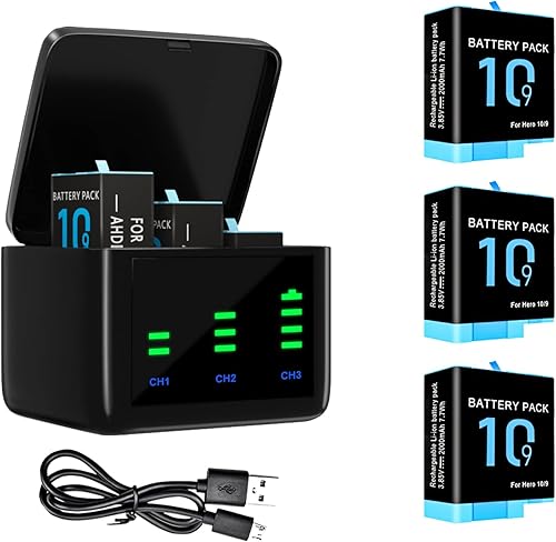 Miniatura 1 de Bonadget Paquete de 3 baterías de 2000 mAh y cargador de almacenamiento de 3 canales para Gopro Hero 109 con puerto de carga USB y tipo C compatible