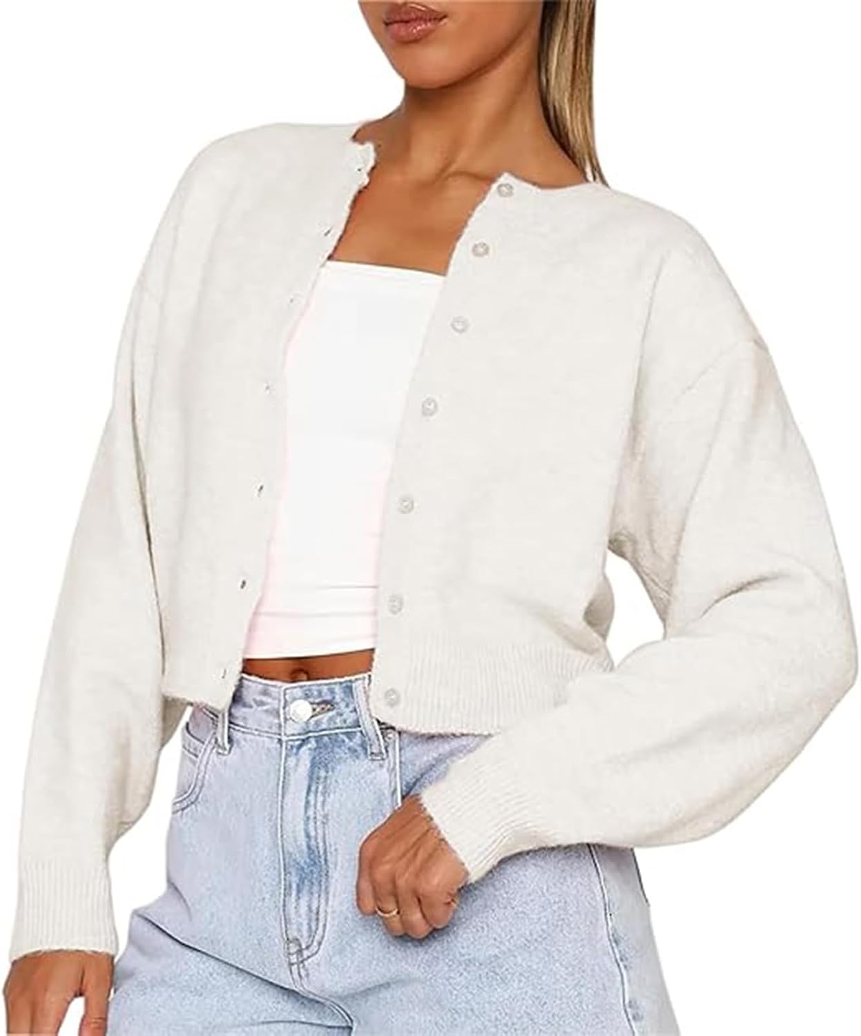 RUEWEY Women Y2k Crew Neck Button Down Long Sleeve Cropped Cardigan Knitted Sweater Light Jacket