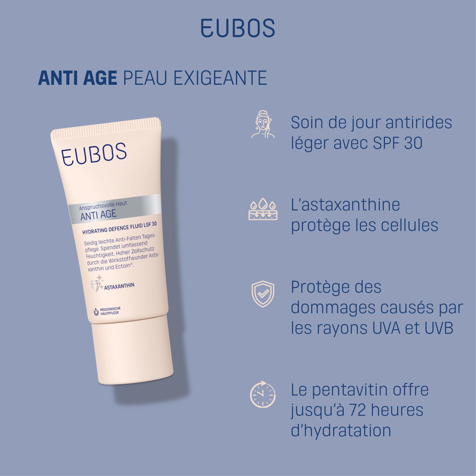 EUBOS | ANTI ÂGE | Fluide Défense Hydratante SPF 30 – Crème Visage Anti-Âge à l’Astaxanthine & Hyaluron | Hydratation 72h & Protection Cellulaire | Anti-UV & Radicaux Libres | 50 ml