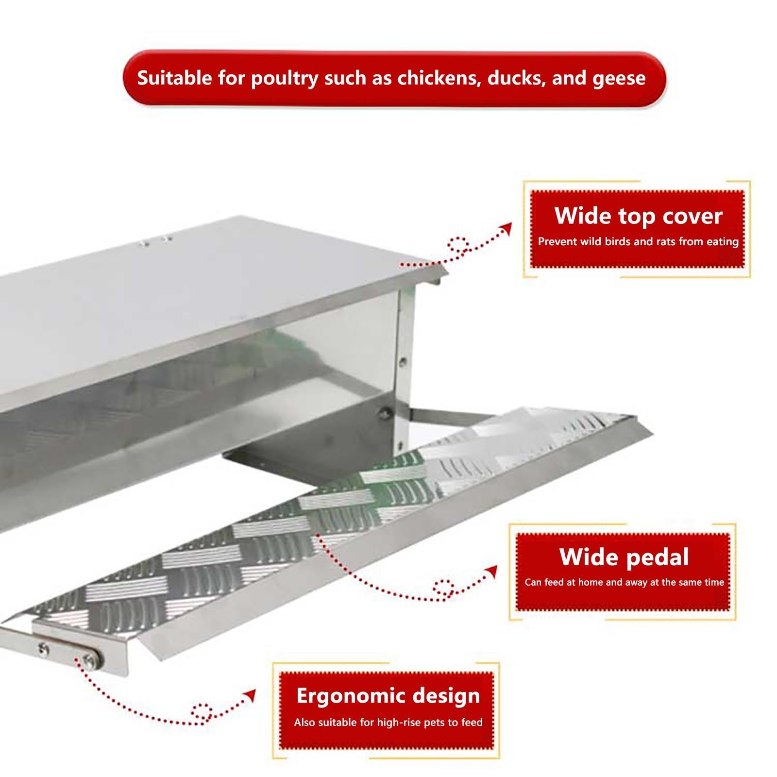 Comedero automático para pollos, sin residuos, de acero inoxidable, con diseño resistente a la intemperie y estructura estable, cubierta superior para una fácil gestión de la alimentación