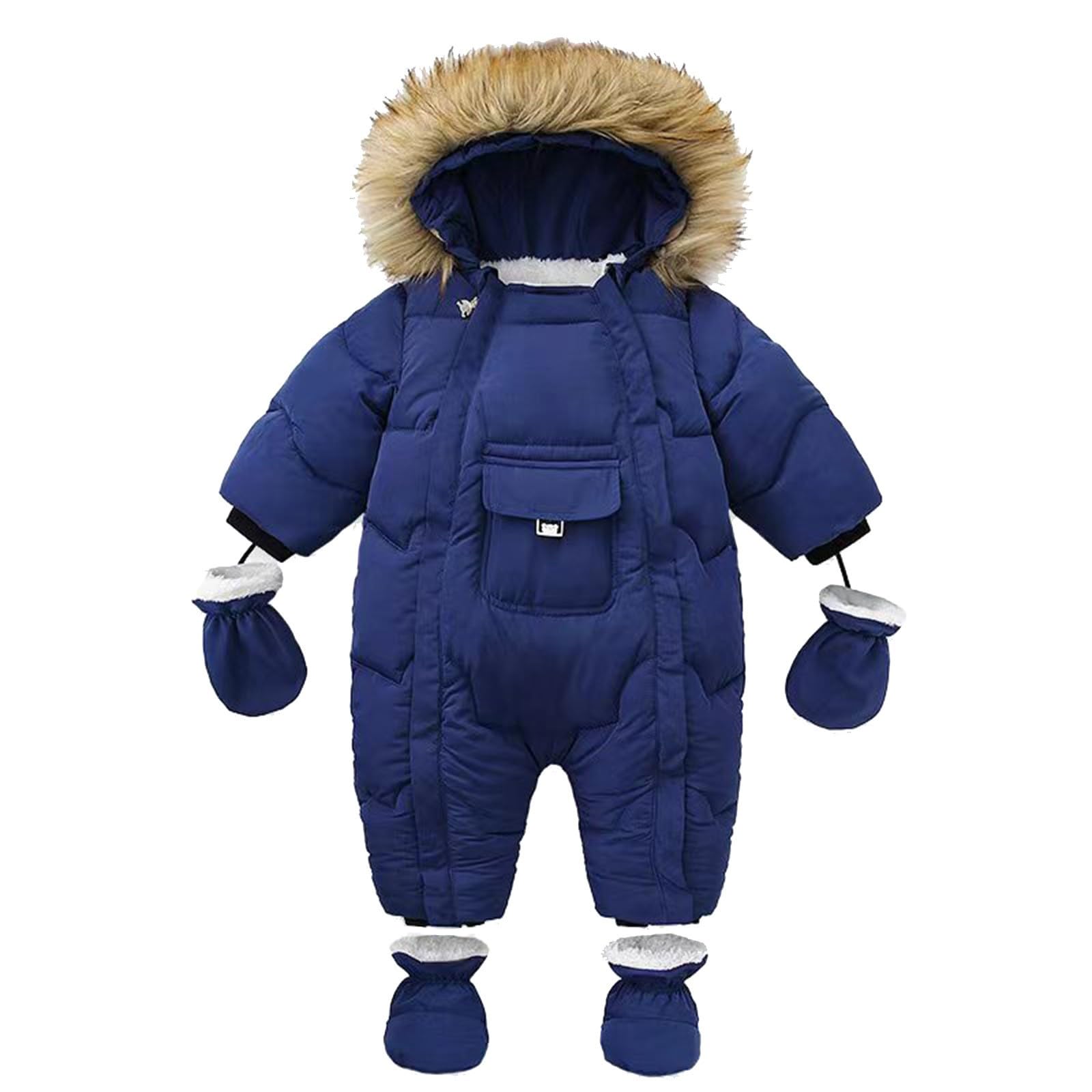 RNTOP Baby Boy Girl Snowsuit Fleece Lined Winter Coat Infant Warm Hoodie Jumpsuit Romper with Gloves (Blue, 6-9 Months)