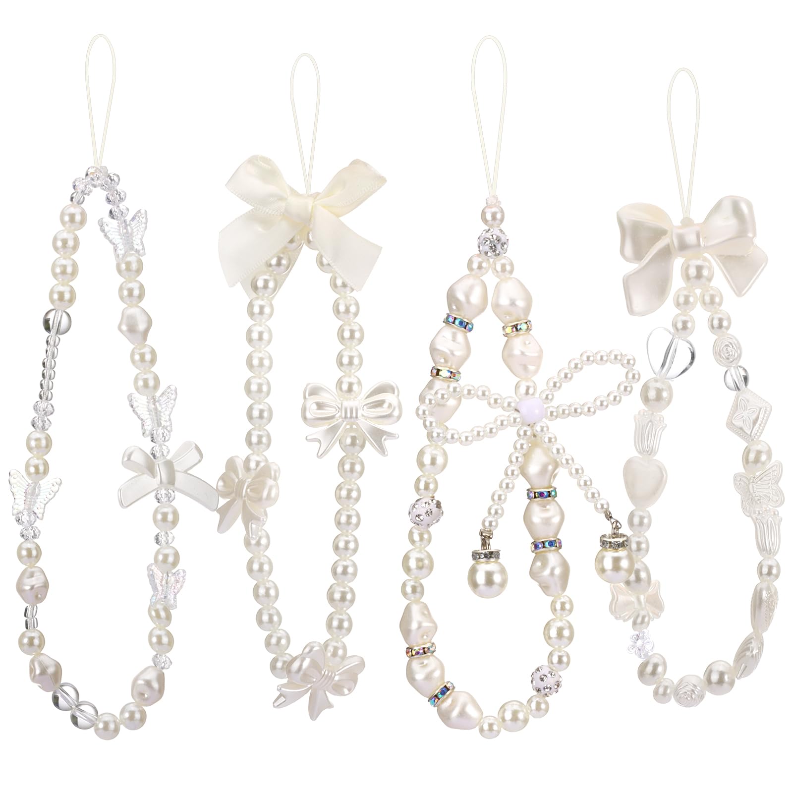 Draupnir 4pcs Phone Charms Strap, Butterfly Bow Camera Strap Wrist Beaded Phone Bracelet Wrist Straps, Pearl Bracelet Lanyard Keychain Charm for Women white