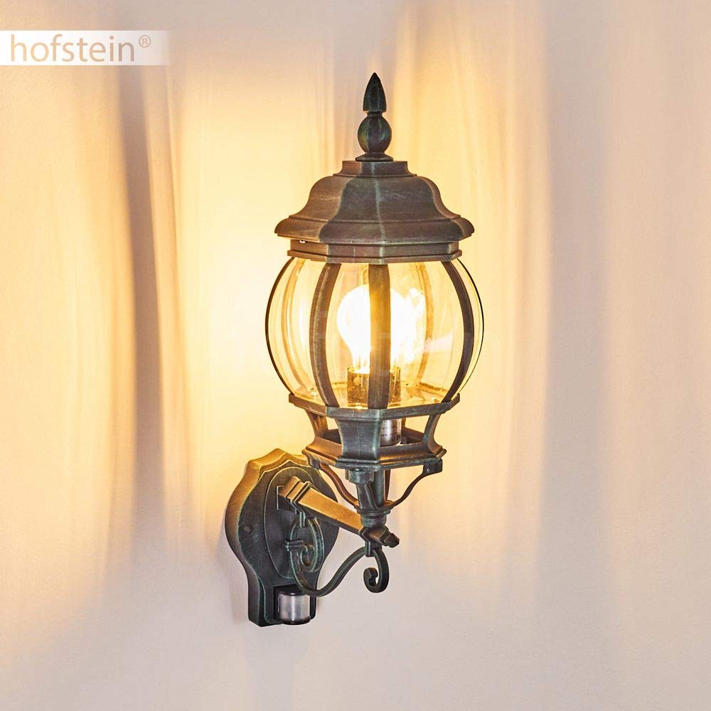 HOFSTEIN Außenwandleuchte Lentua, Außenwandlampe mit Bewegungsmelder aus Metall/Kunststoff in Schwarz-Grün/Klar, Wandleuchte Up im Retro/Vintage-Design, E27, IP44, Eingangsbereich, Terrasse, Haustür