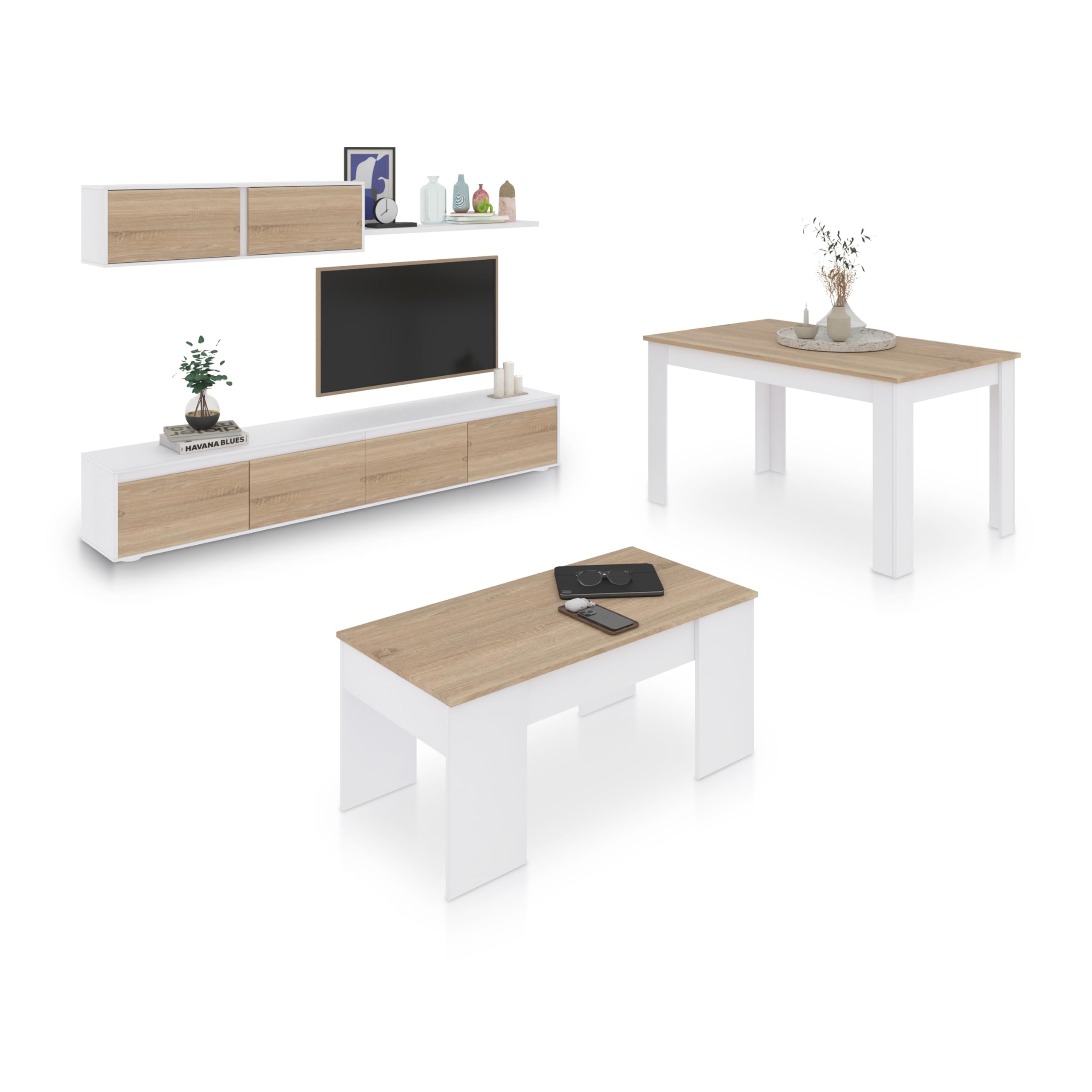 duehome | Pack de Salon con Modulo TV + Mesa de Centro Elevable y Mesa de Comedor, Conjunto de Salon, Modelo Arlet MAX V2B, Acabado en Blanco Artik y Roble Canadian