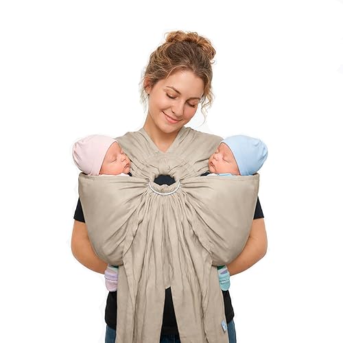 Portabebés de Anillo Tándem Beige para Gemelos – Portabebés de Mezcla de Lino y Algodón 100% Portabebés Ergonómico para Gemelos para Transporte