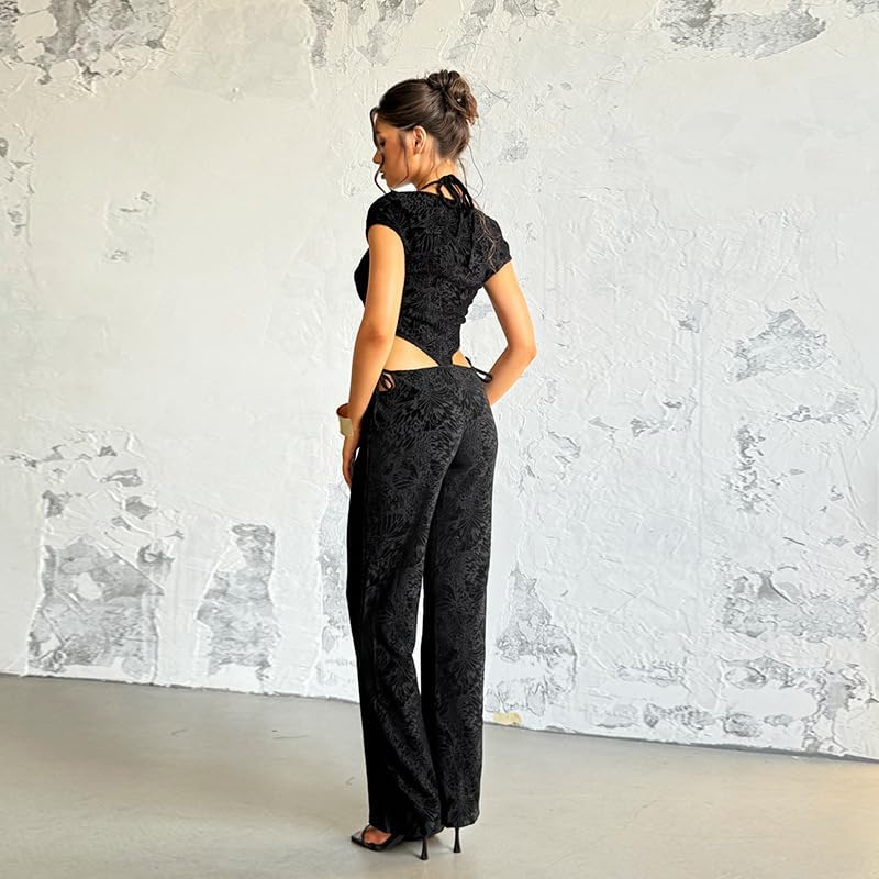 Molilove Women's Sexy Jumpsuits Short Sleeve Hollow Out Flare Pants Rompers Sexy One Piece Outfits Going Out - Image 4