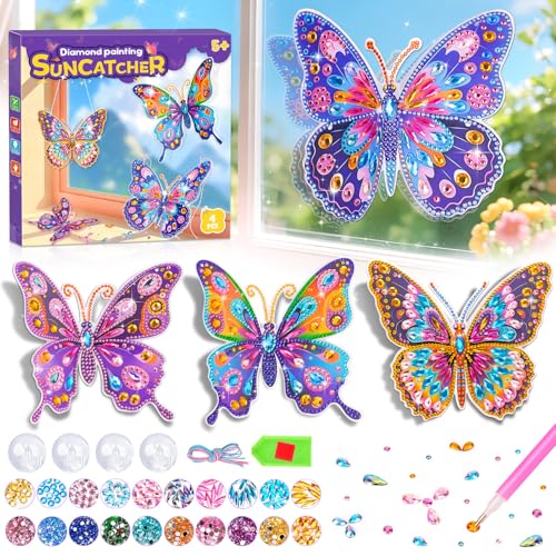 Basteln Mädchen 8 10 6 Jahre, Bastelset Kinder ab 6 Jahre Schmetterling Geschenk Mädchen 7 5 8 9 10 Jahre DIY Diamond Painting Kinder Spielzeug ab 4-12 Jahre Window Color Set Sonnenfänger Fensterdeko