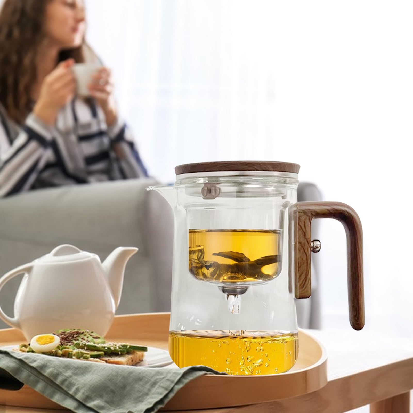 Théière En Verre À Séparation D'eau Avec Poignée En Bois, Théière Transparente Anti-éclaboussures Avec Infuseur, Théière Magique Multifonctionnelle Pour La Maison, Le Lieu De Travail Et Le Dortoir