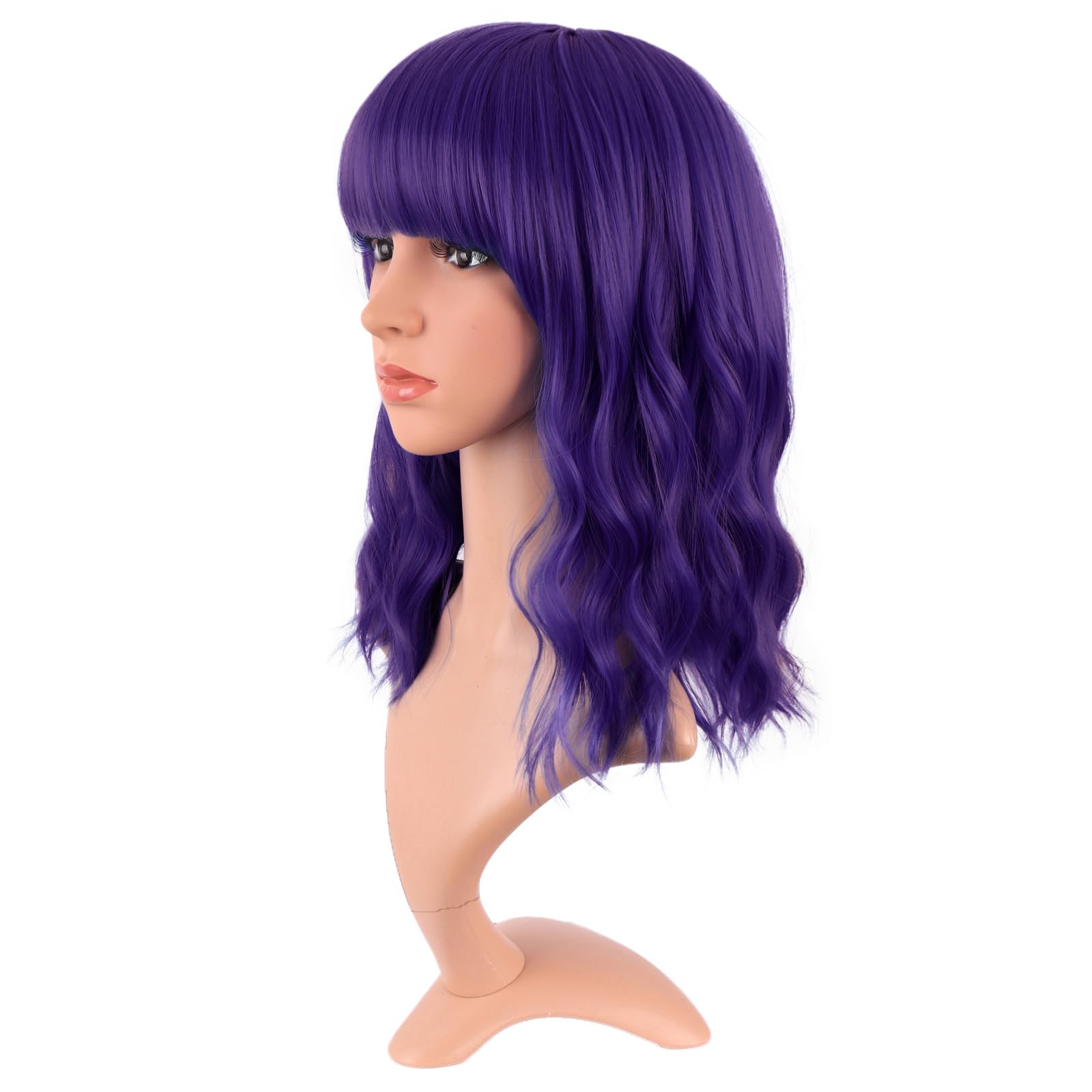 MapofBeauty 14 Inch/35 cm Short Wavy Curly Women Fresh Bright Synthetic Ordinary Flat Bangs Bob Wig (Dark Purple) - Image 3