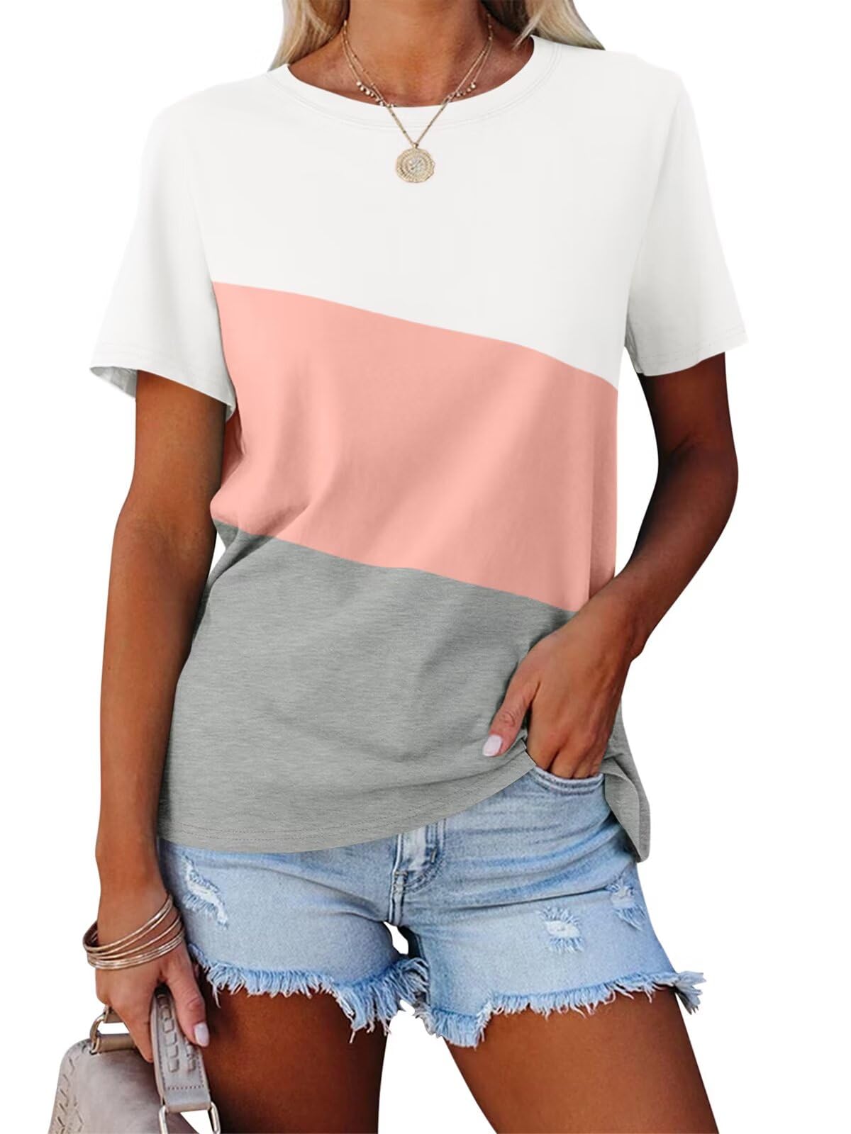 MinetomWomen's T Shirts Short Sleeve Color Block/Solid Tops Casual Summer Tees