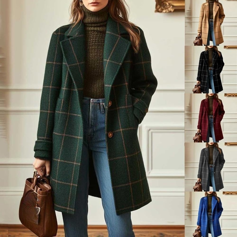 Abrigo De Invierno De Mezcla De Lana para Mujer Cuello con Muescas Botonadura Sencilla Chaqueta De Longitud Media Abrigo Retro A Cuadros Abrigo Tipo Guisante Talla Grande Elegante para Otoño E Invi