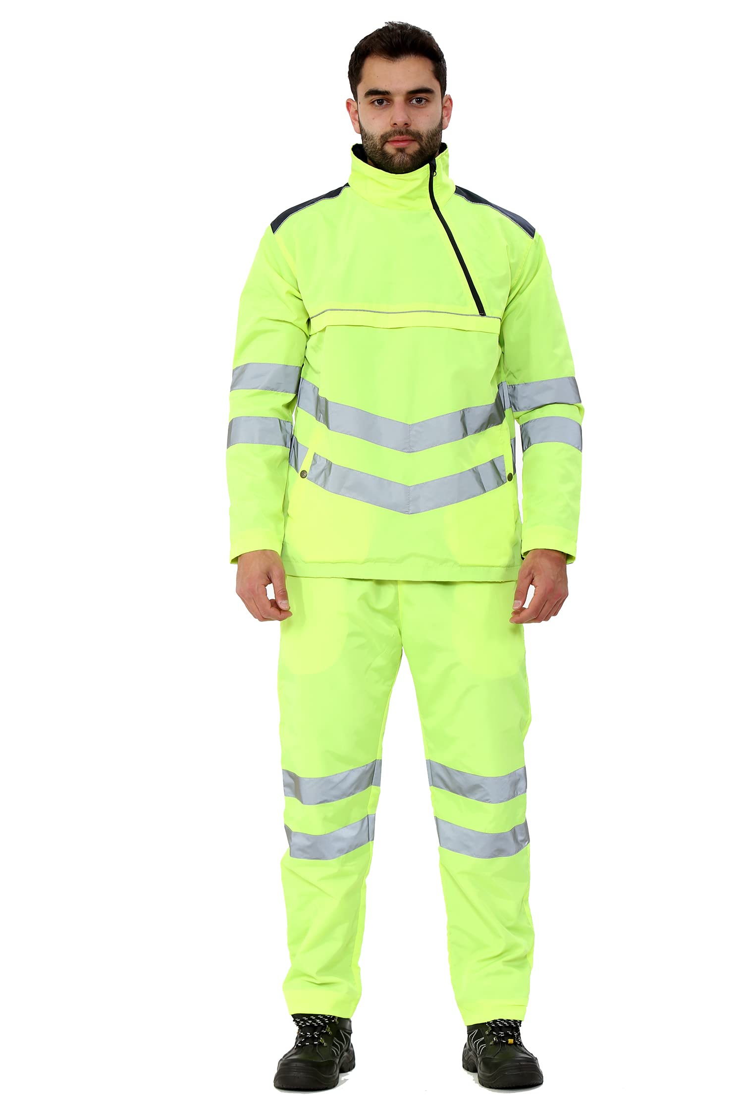AA Essentials® Hi Vis Rain Tuta da uomo ad alta visibilità catarifrangente, impermeabile, con nastro riflettente di sicurezza, leggera, con cappuccio, taglie forti, da piccola a 3XL, Giallo, XXL